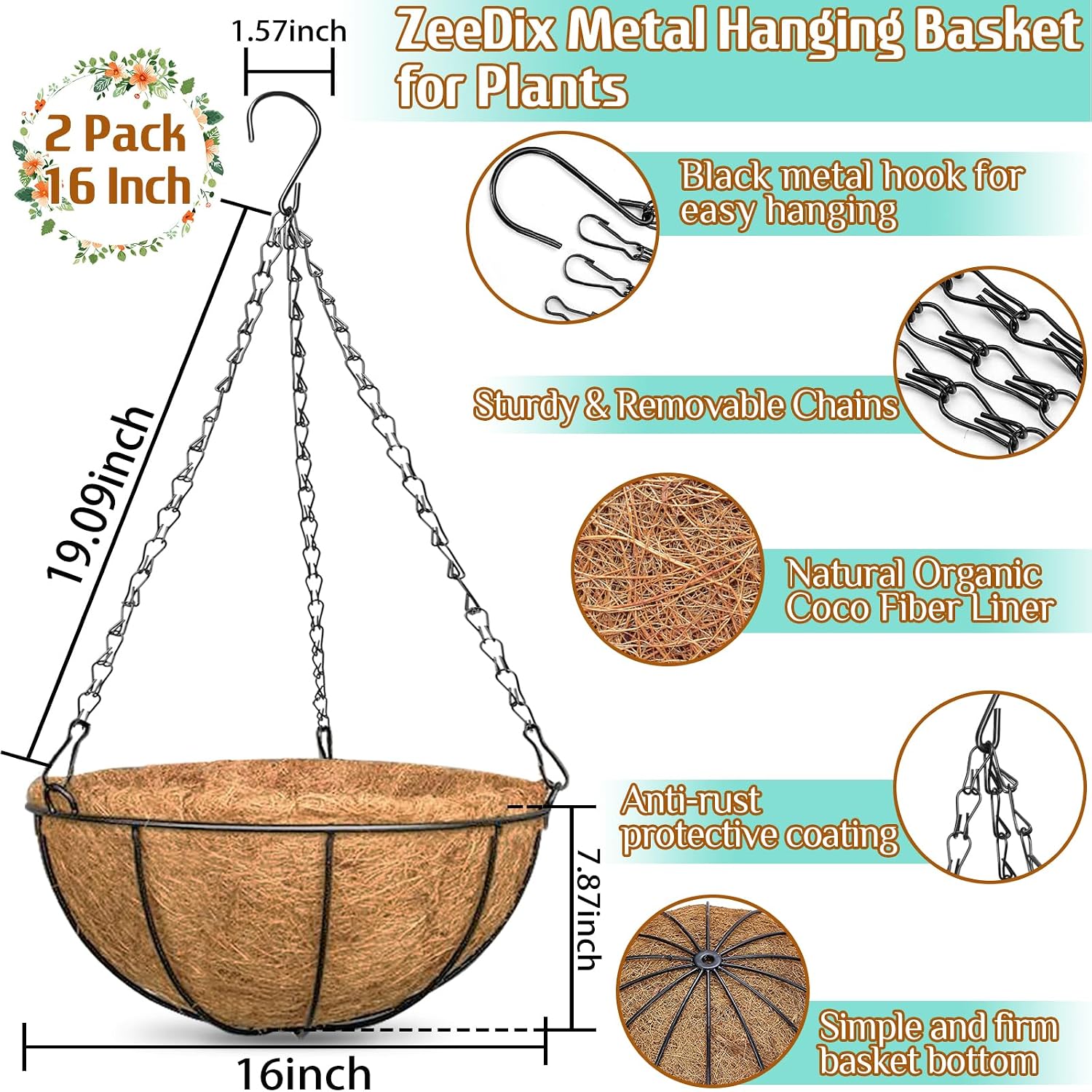 ZeeDix 3 Pack 10 Inch Metal Hanging Baskets