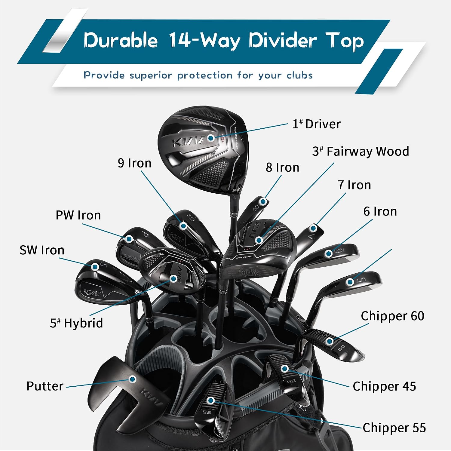 KVV Top-Moded Organizer Cart Bag, Premium Silent Golf Bag with Dual Handles, 14 Club Locking Slots for Men