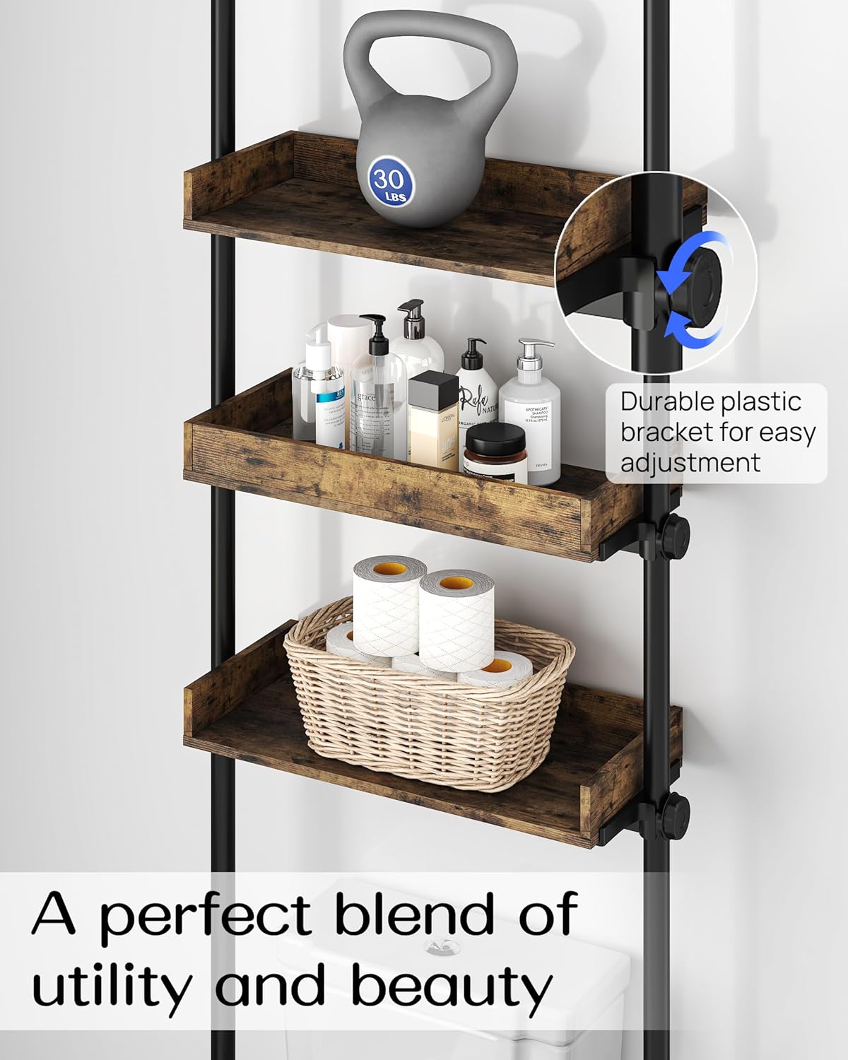 ALLZONE Bathroom Organizer, Over The Toilet Storage, 4-Tier Adjustable Wood Shelves for Small Rooms, Saver Space Rack, 92 to 116 Inch Tall