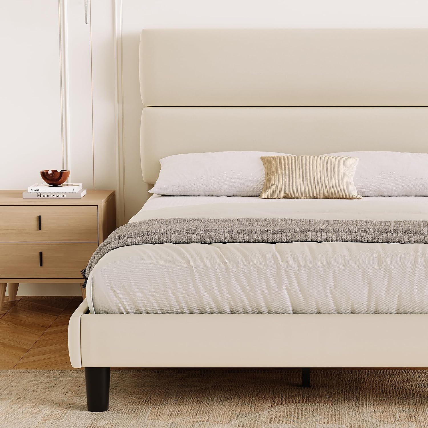GRUSIGN Queen Size Platform Bed Frame with Velvet Headboard, Adjustable Height Wooden Slats Support, Upholstered Mattress Foundation, Fits Mattress or Mattress with Box Spring, Easy Assembly, Beige
