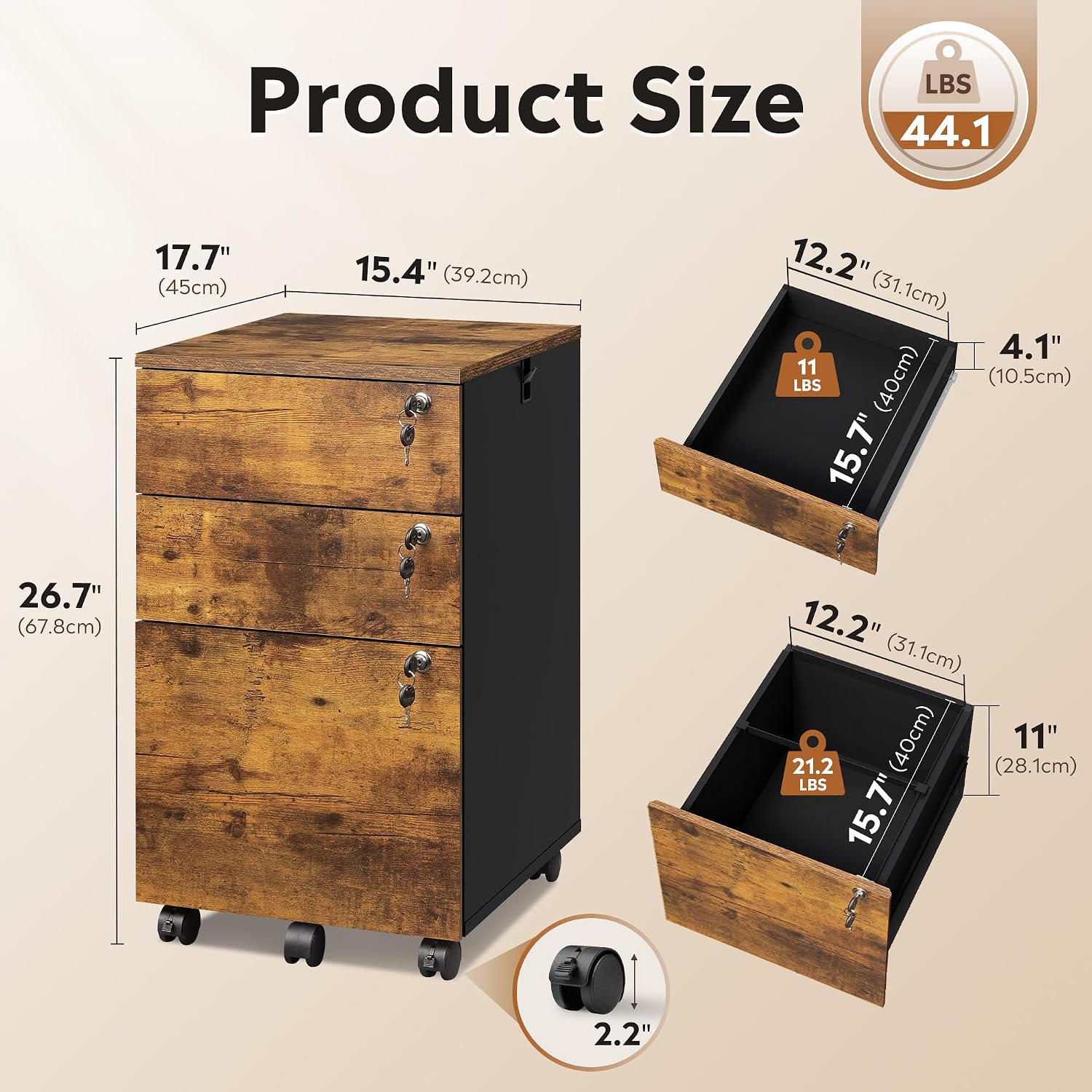 DEVAISE 3 Drawer File Cabinet with Individual Locks, Rustic Brown | Wood Filing Cabinet for Home Office, Mobile Printer Stand with Wheels