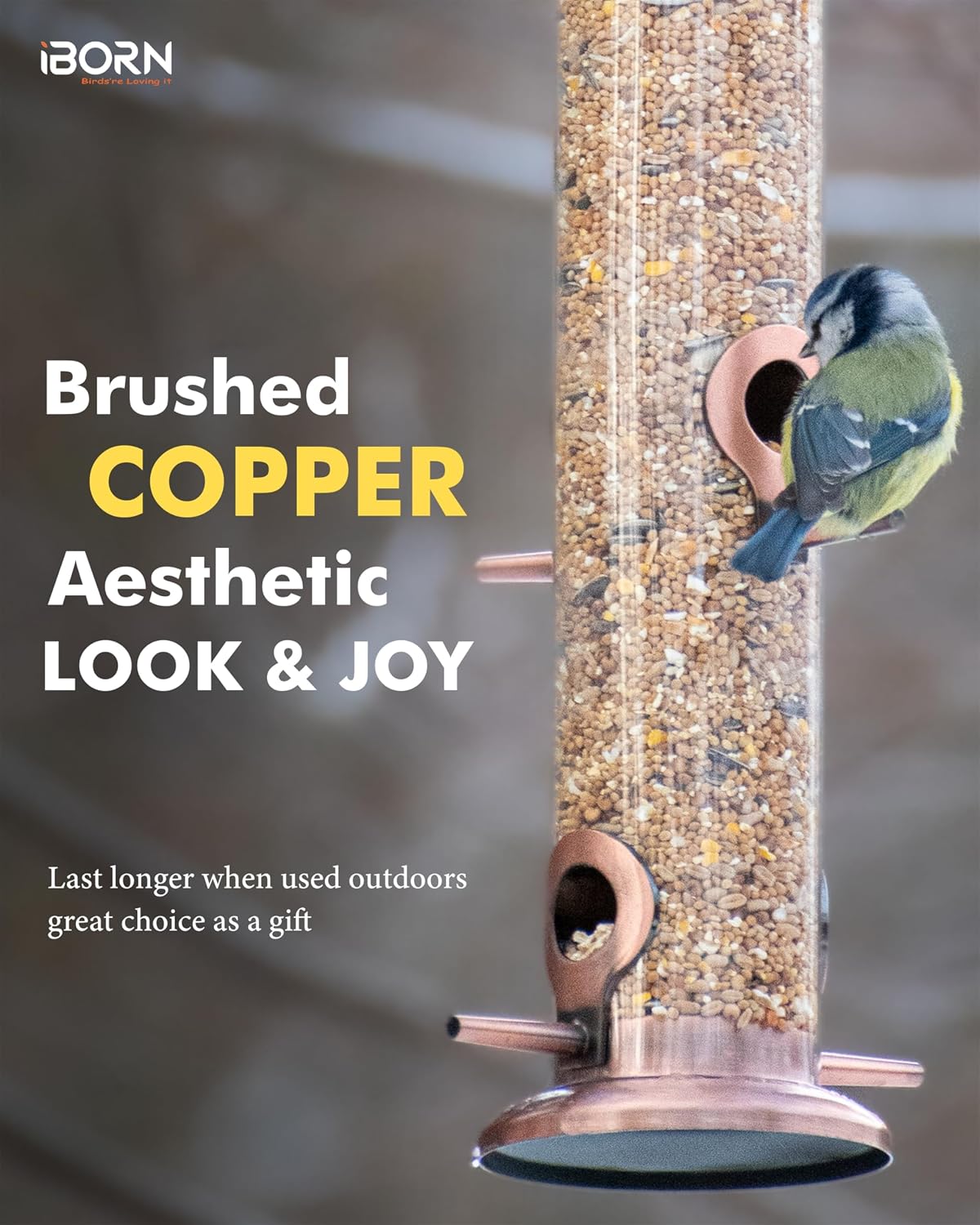 Bird Feeders for Outdoors 15" 4 Ports Chew-Resistant, Copper-Plating, 1PK | Metal, Durable Outdoors, Flip-top Easy Refill & Clean, Mixed Seeds