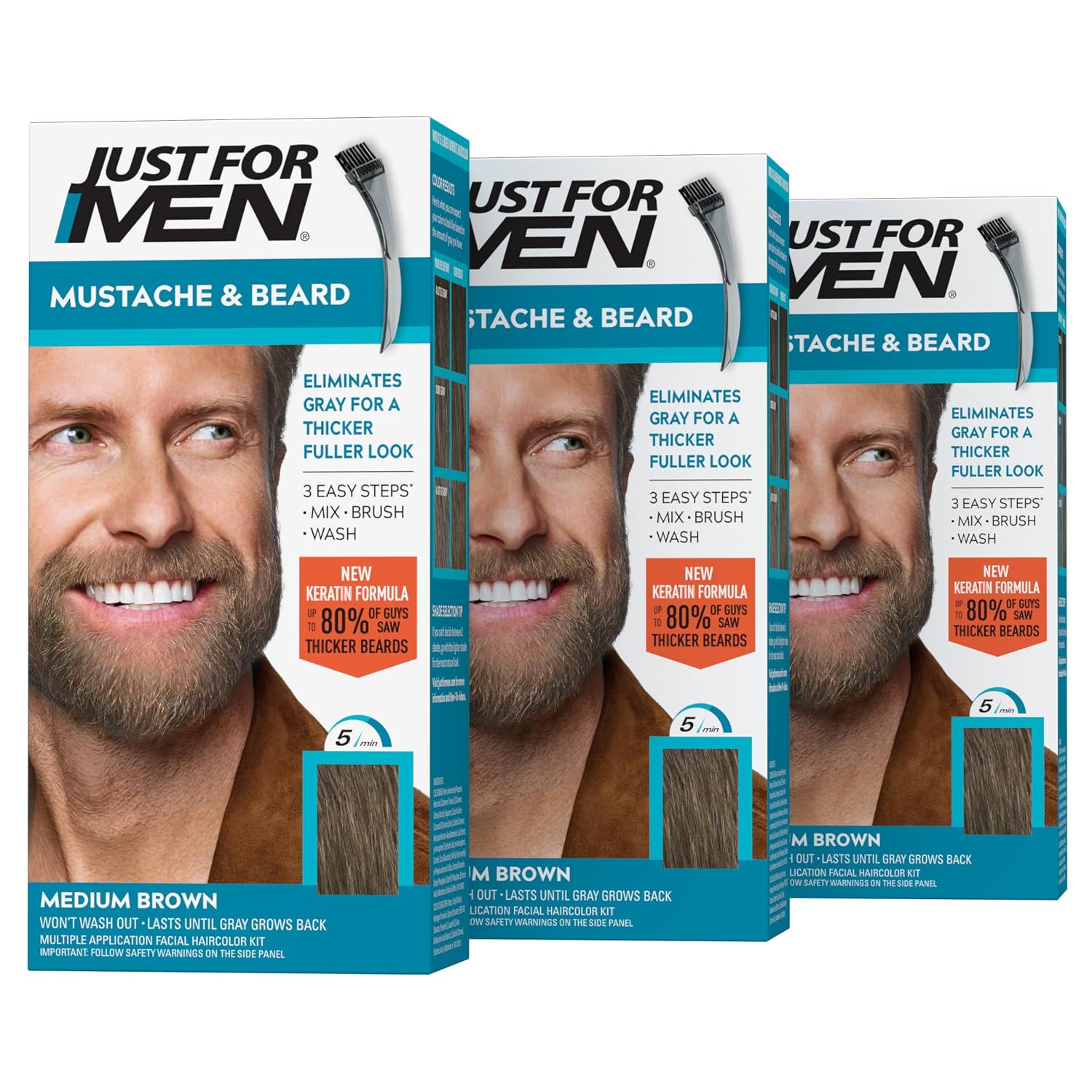 JUST FOR MEN Mustache & Beard Dye, Keratin, Light-Medium Brown M-30 (3 Pk) | Mustache & Beard color light-medium brown designed for facial hair to instantly eliminate gray. Enhanced with keratin.