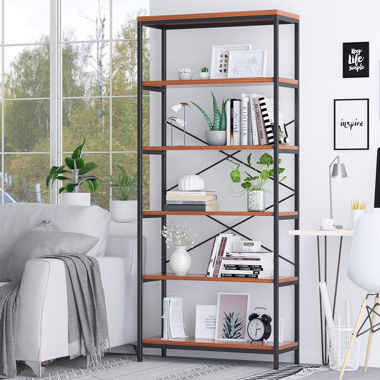 BATHWA Wood and Metal Minimalist 5 Tier Bookshelf, 6 feet Tall Open Rustic Wide Bookcase Industrial Style