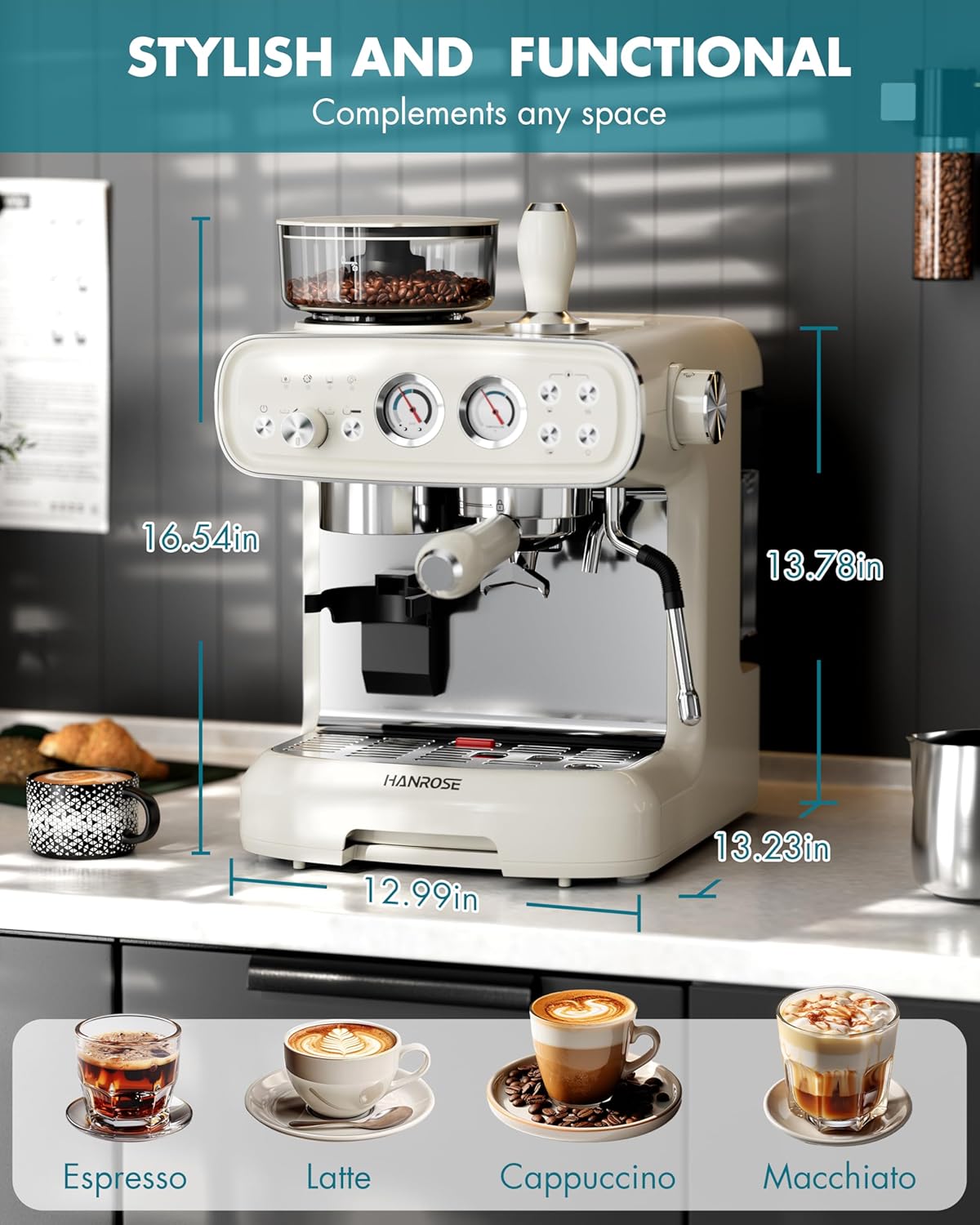 Espresso Machine with Grinder and Milk Frother, 20 Bar ULKA Pump | Fully Removable Burr Assembly, Adjustable Dosing & Independent Hot Water for Latte