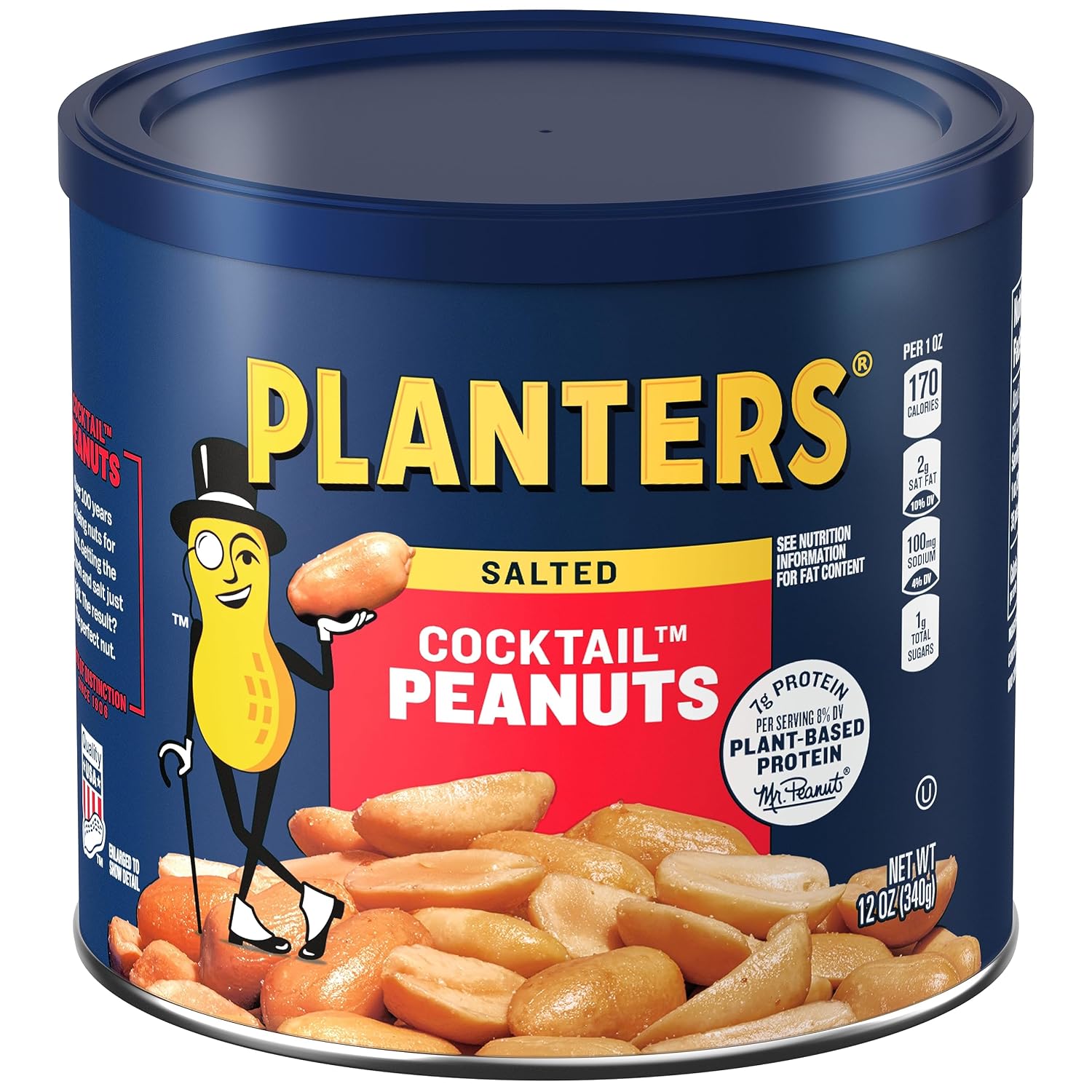 PLANTERS Salted Peanuts, Plant Based Protein Snacks, 12 Oz (1 Ct) | Roasted Salted Nuts. Resealable Canister. Snacks for Adults. Party Mix, Party Snacks