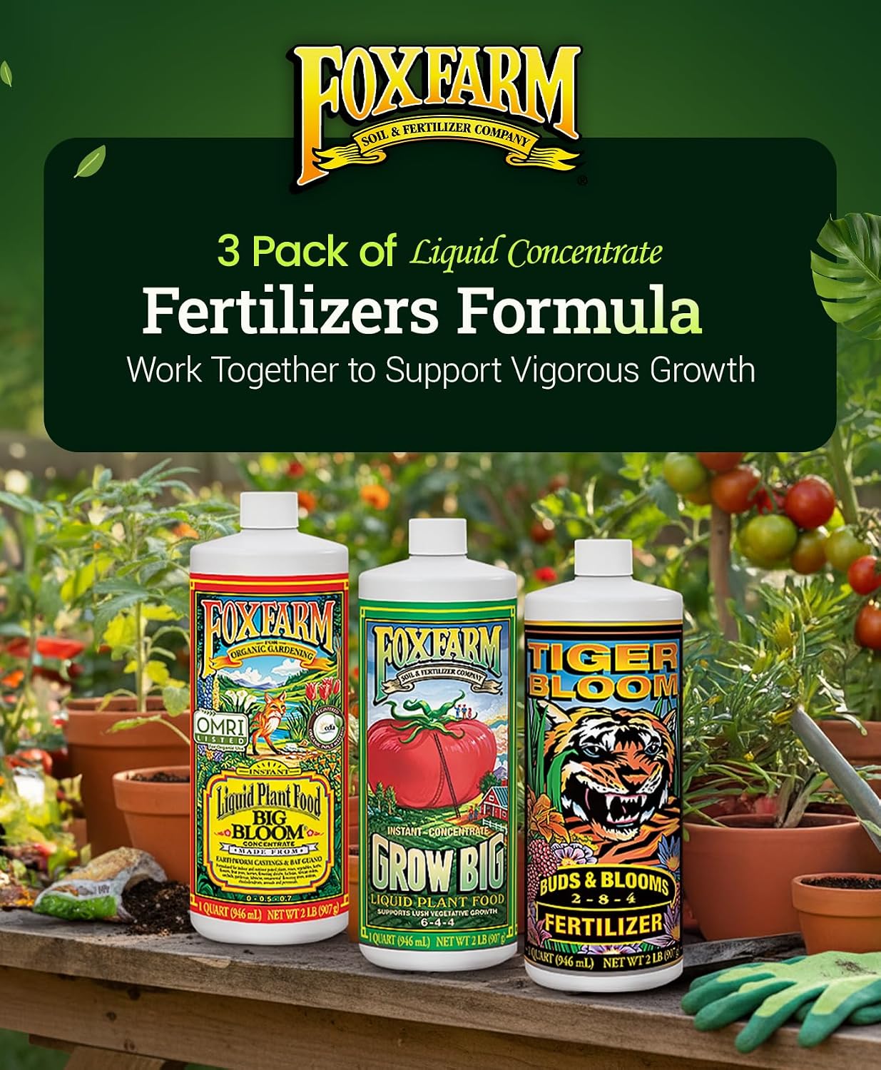 FoxFarm Soil Liquid Trio Pack - Big Bloom, Grow Big, Tiger Bloom Fertilizers Supports Vigorous Plant Growth, Bud Development & Abundant Fruit - Complete Liquid Plant Food Set - 3 Pint Bottles