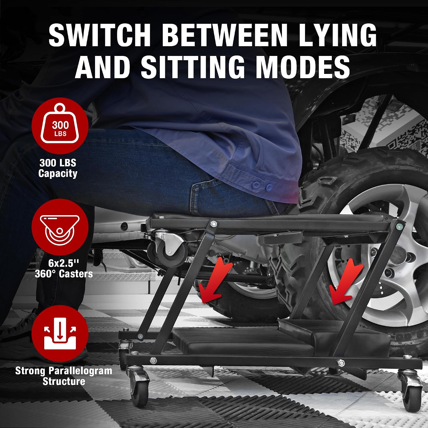 BIG RED Rolling Garage/Shop Creeper: 2-Piece, 36" Padded Mechanic Cart with Headrest and 6 Casters, Red,AR7565B,Torin