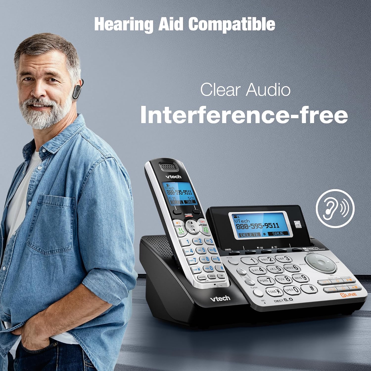 VTech DS6101 Accessory Handset for DS6151 Series, Black/Silver | 2-Line Cordless Phone, Answering System, Expandable up to 12 Handsets, Intercom & Conference