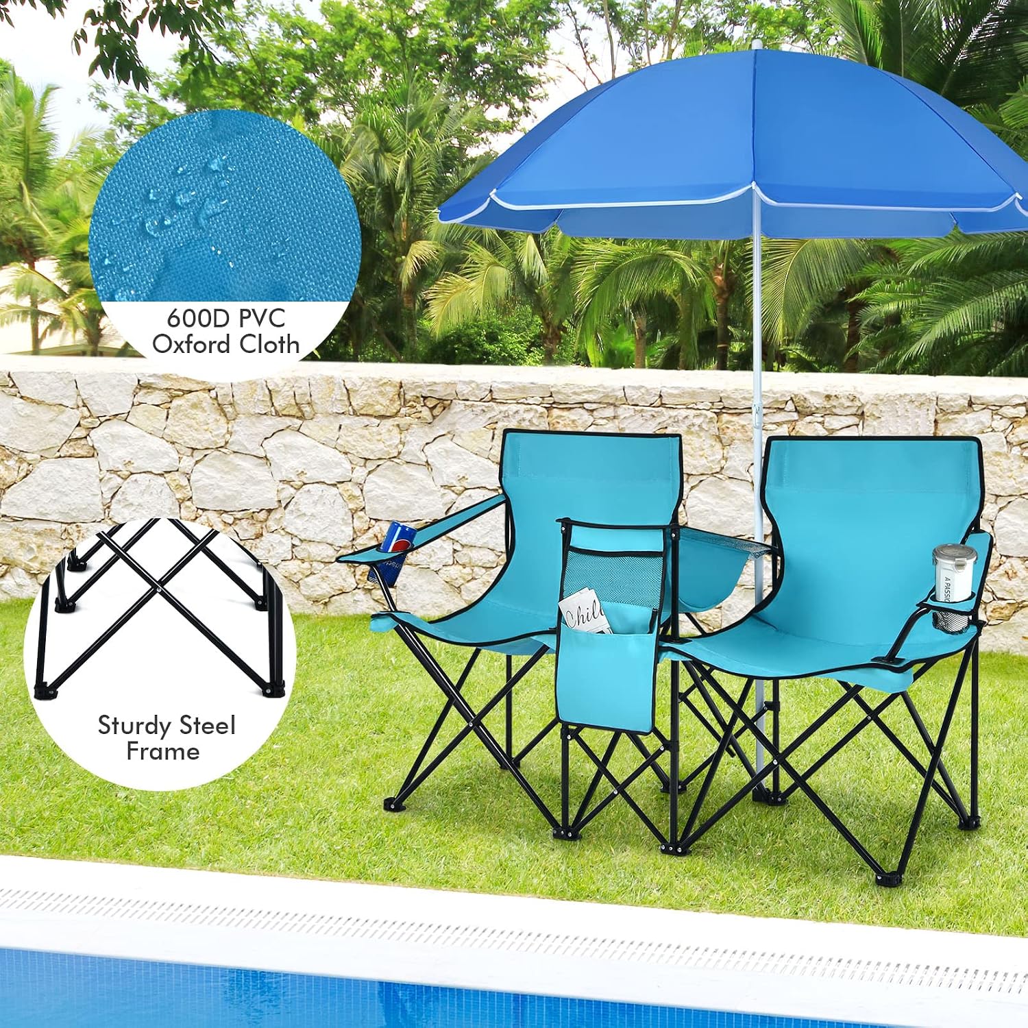 COSTWAY Double Portable Picnic Chairs, Folding Camping Chairs w/Detachable Umbrella, Cooler Bag, Cup Holders, Patio Beach Camping Chairs for Outdoors, Blue | Detachable Umbrella, Cooler Bag, Cup Holders, Patio Beach Camping Chairs for Outdoors, Blue