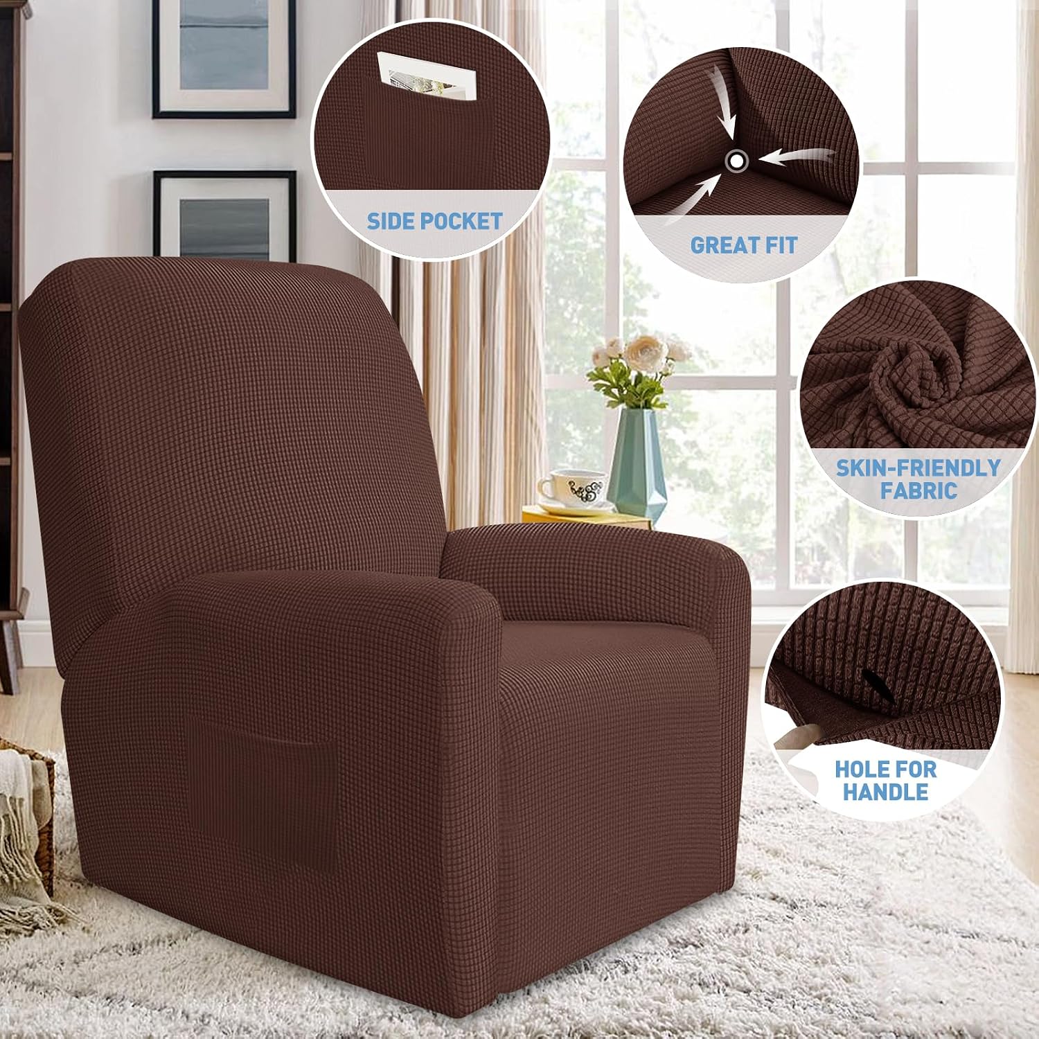 JIVINER Super Stretch Recliner Chair Covers 4 Pieces Sofa Slipcover for Reclining Chair Spandex Soft Recliner Slipcover with Pockets Recliner