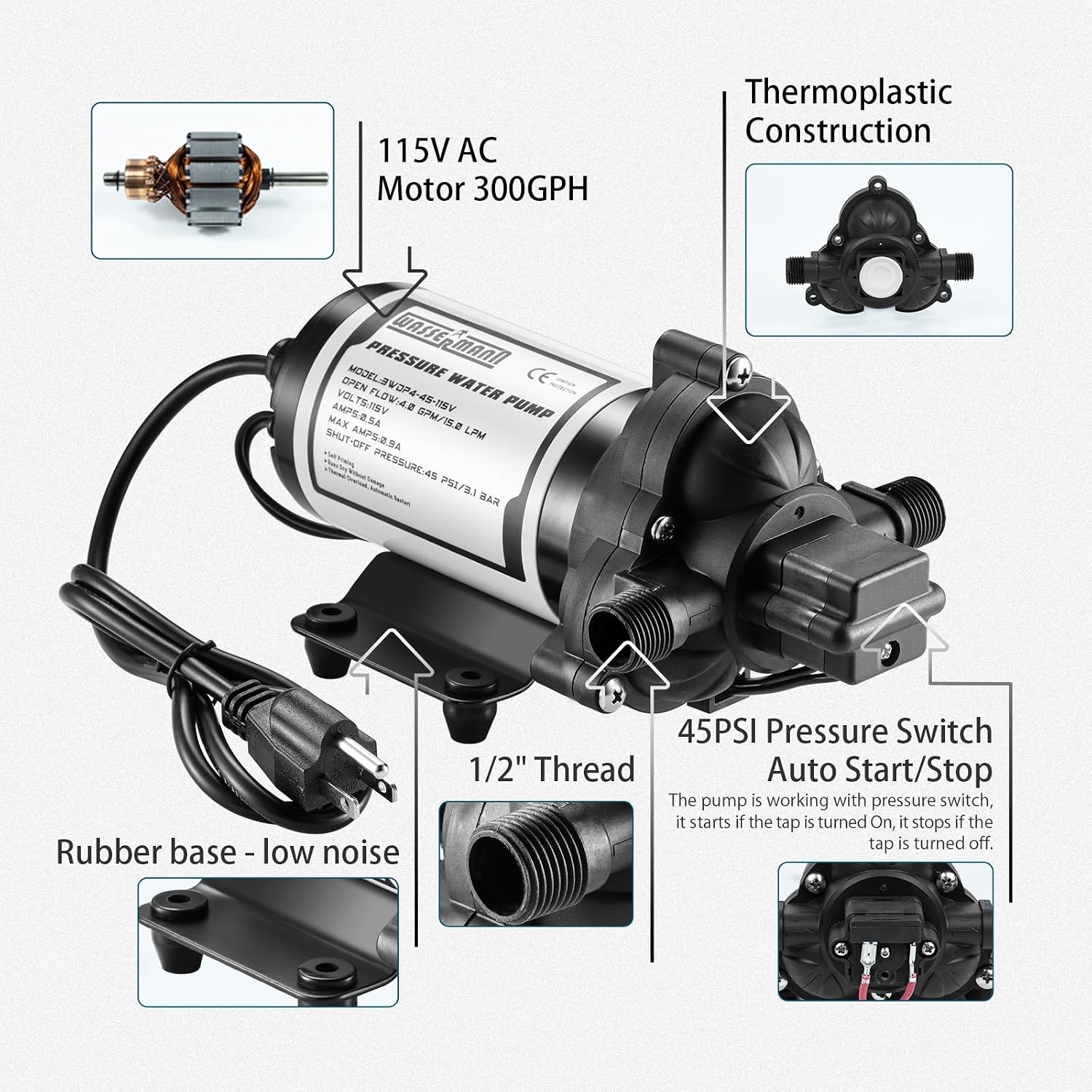 RV Water Pumps 115V AC Pressure Pump with Pressure Switch, Self-priming Water Pump 4.0GPM 45PSI, Fresh Water Pump for RV, Kitchen Barthroom Camping Marine Yacht Garden Diaphragm Pump115volt