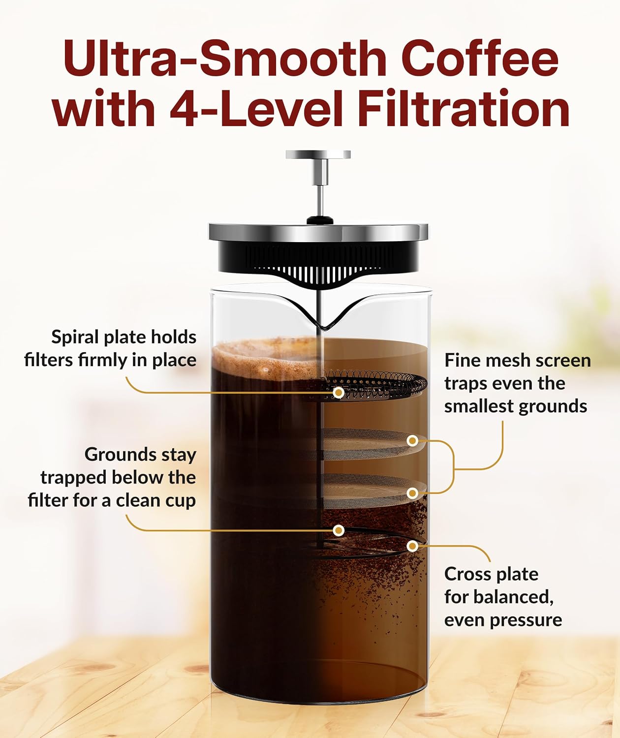 Cafe Du Chateau French Press Coffee Maker, 34 oz Glass, Stainless Steel | Easy Brew, Durable Clear Glass, 4-level Filtration, 34 oz Capacity, Coffee Press for Camping, Tea Brewer, BPA-Free Materials