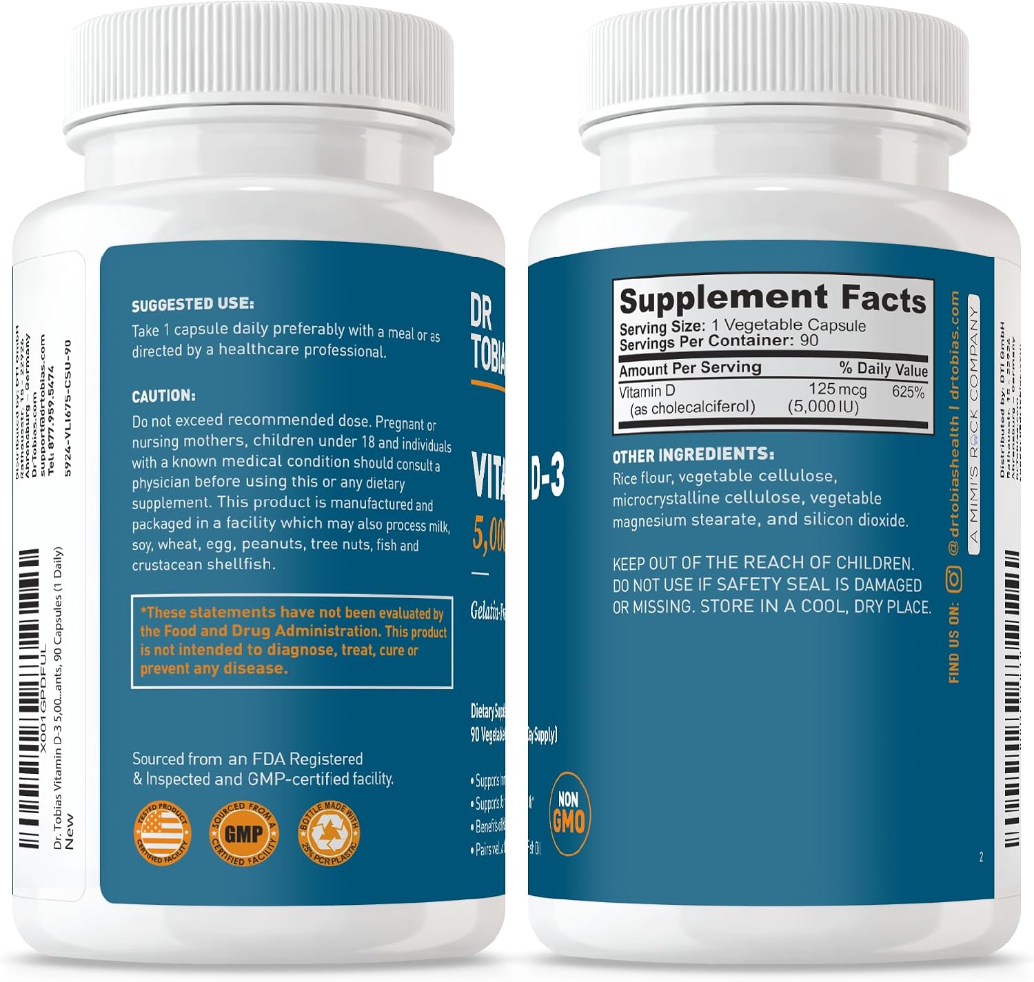 Dr. Tobias Vitamin D3 5000 IU 90 Capsules | Extra Strength Vitamin D | Bone, Teeth & Immune Support | 5