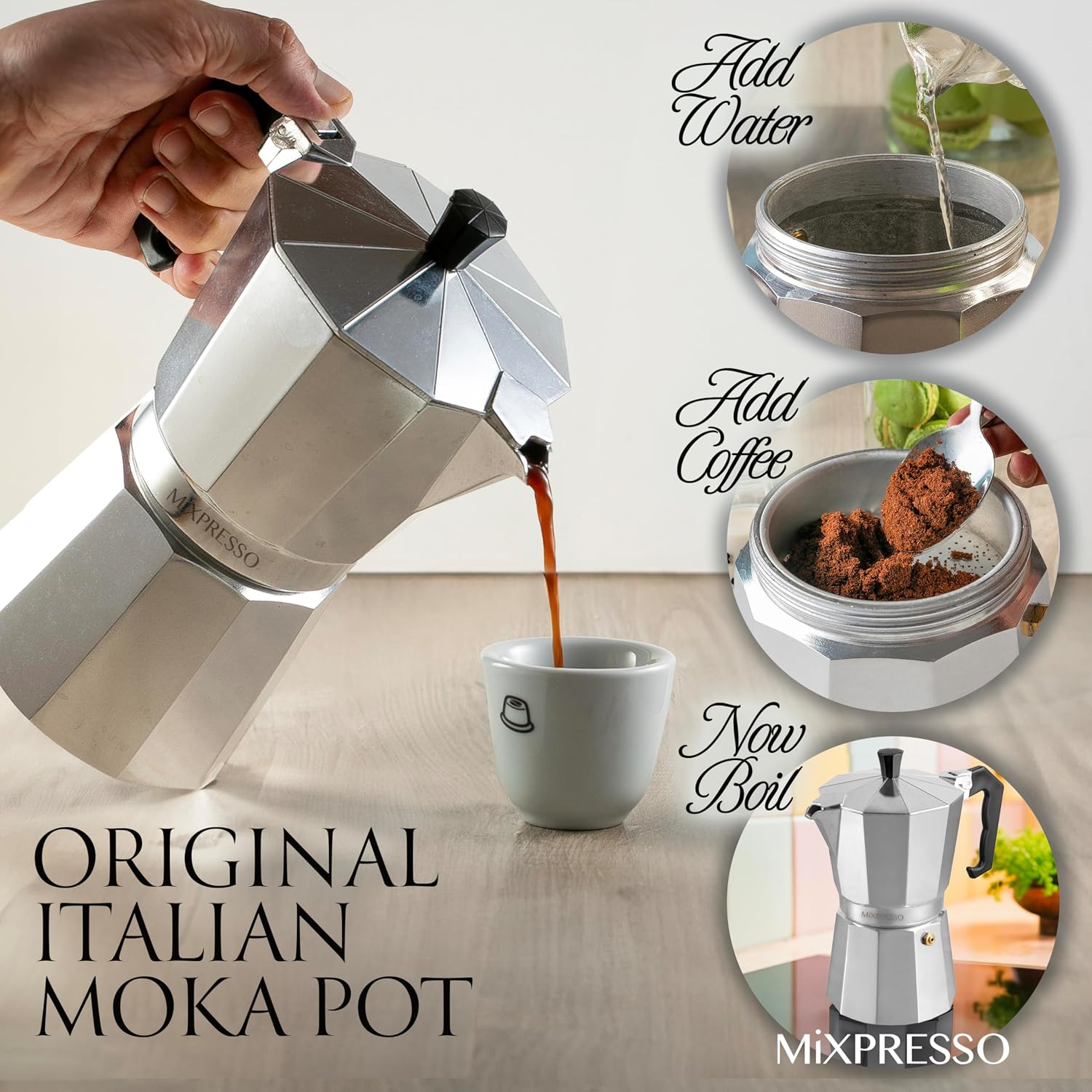 Mixpresso 3 Cup Moka Pot Stovetop Espresso Maker, Italian Cuban Coffee Pot