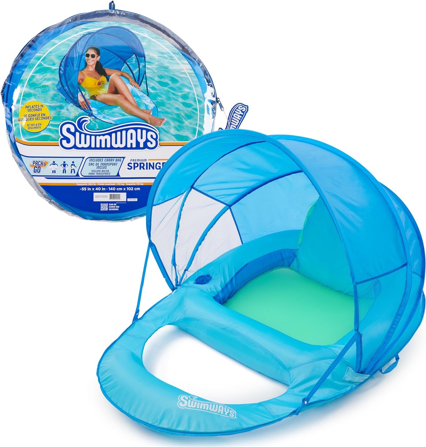 SwimWays Spring Float Recliner Chair for Swimming Pool, Inflatable Pool Floats Adult with Fast Inflation, Cup Holder & Foot Rest for Ages 15 & Up