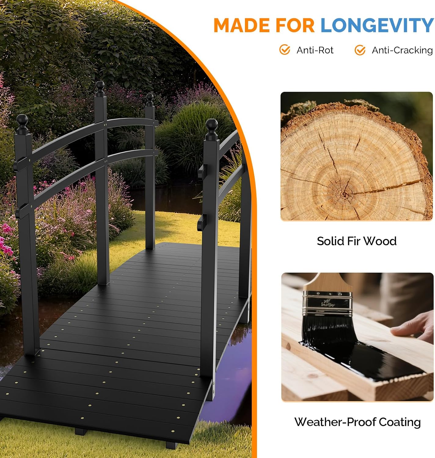 VINGLI 5 ft Garden Bridge, Classic Wooden Arch with Safety Rails Stained Finished Footbridge, Decorative Pond Landscaping, Backyard, Creek or Farm