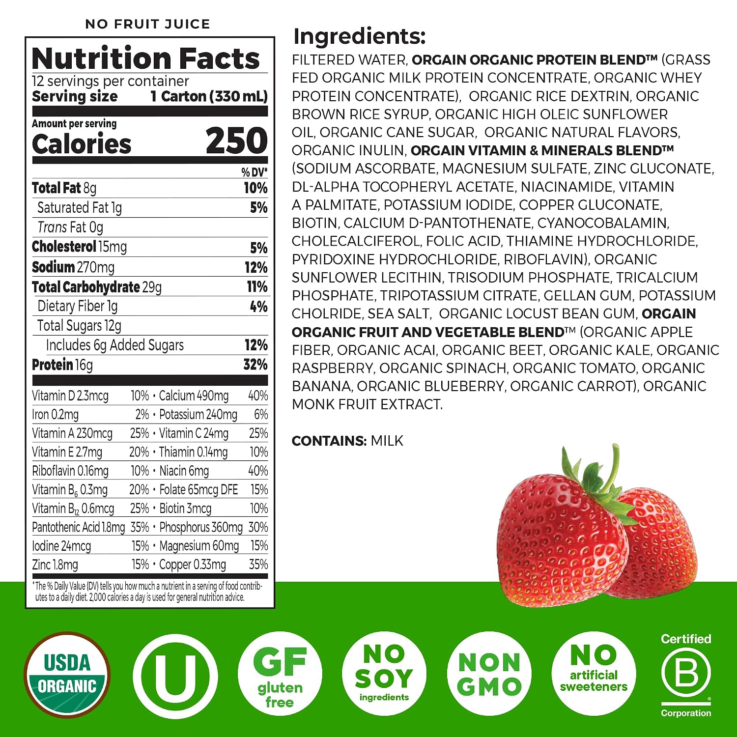 Orgain Organic Grass Fed Dairy 16g Protein Shake, Vanilla, 11oz, 12pk | Ready to drink grass-fed dairy protein, meal replacement, 20 vitamins & minerals, fruits & vegetables, non-GMO, gluten-free