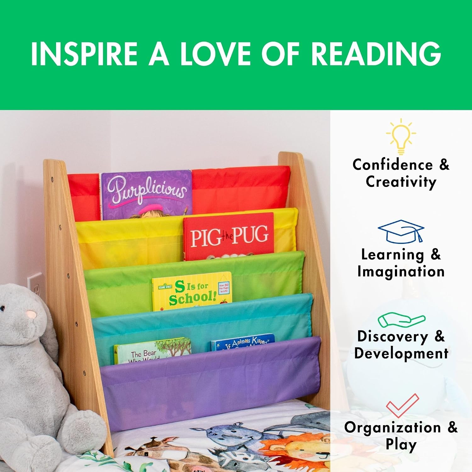 Humble Crew Kids Bookshelf, Montessori Front Facing Toddler Bookcase 4 Tier | Book display rack and reading nook organizer, nylon pockets show covers face out, compact for any playroom or bedroom space