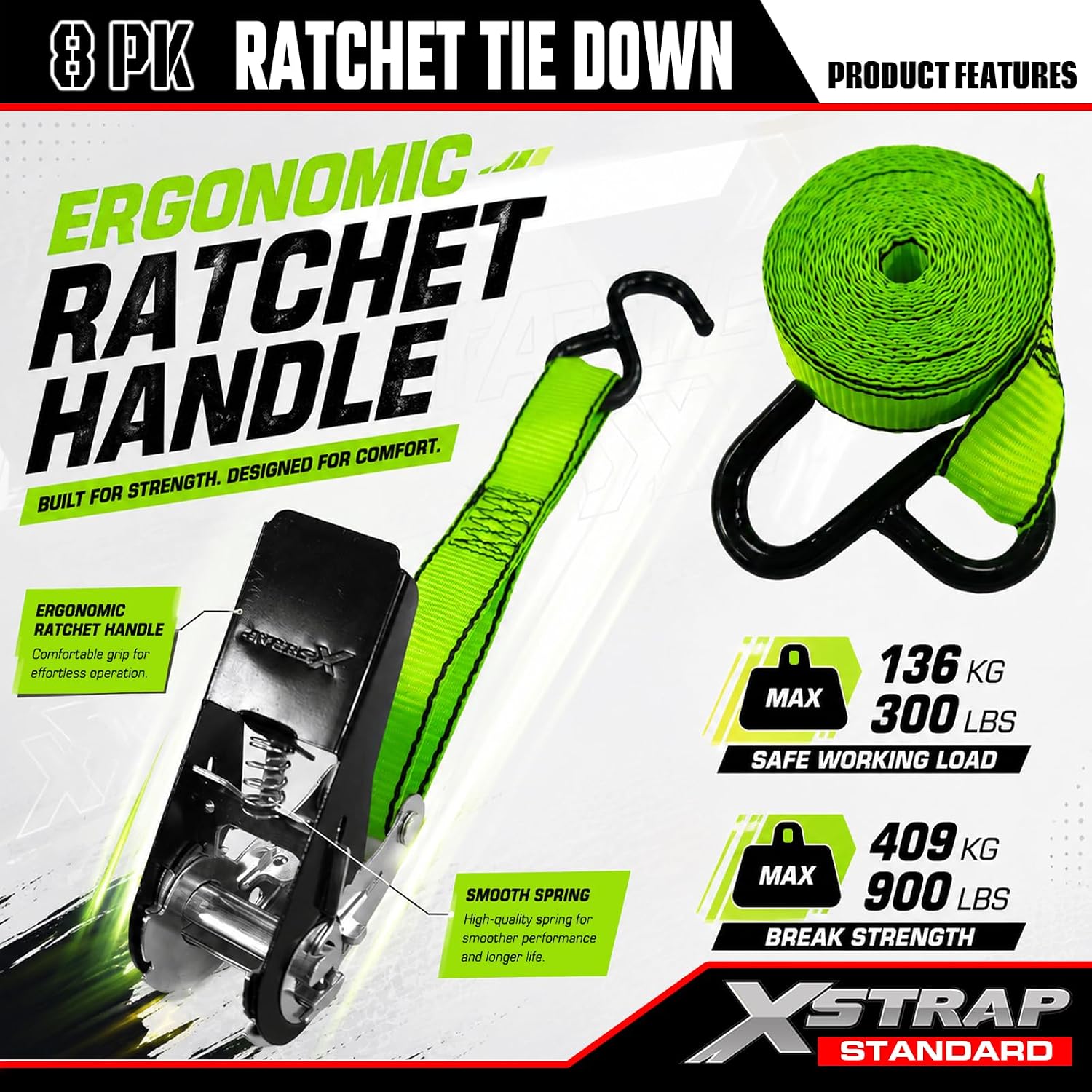 XSTRAP STANDARD 8-PK Ratchet Tie Down Straps, 1" x 10ft Cargo Strap, Yellow