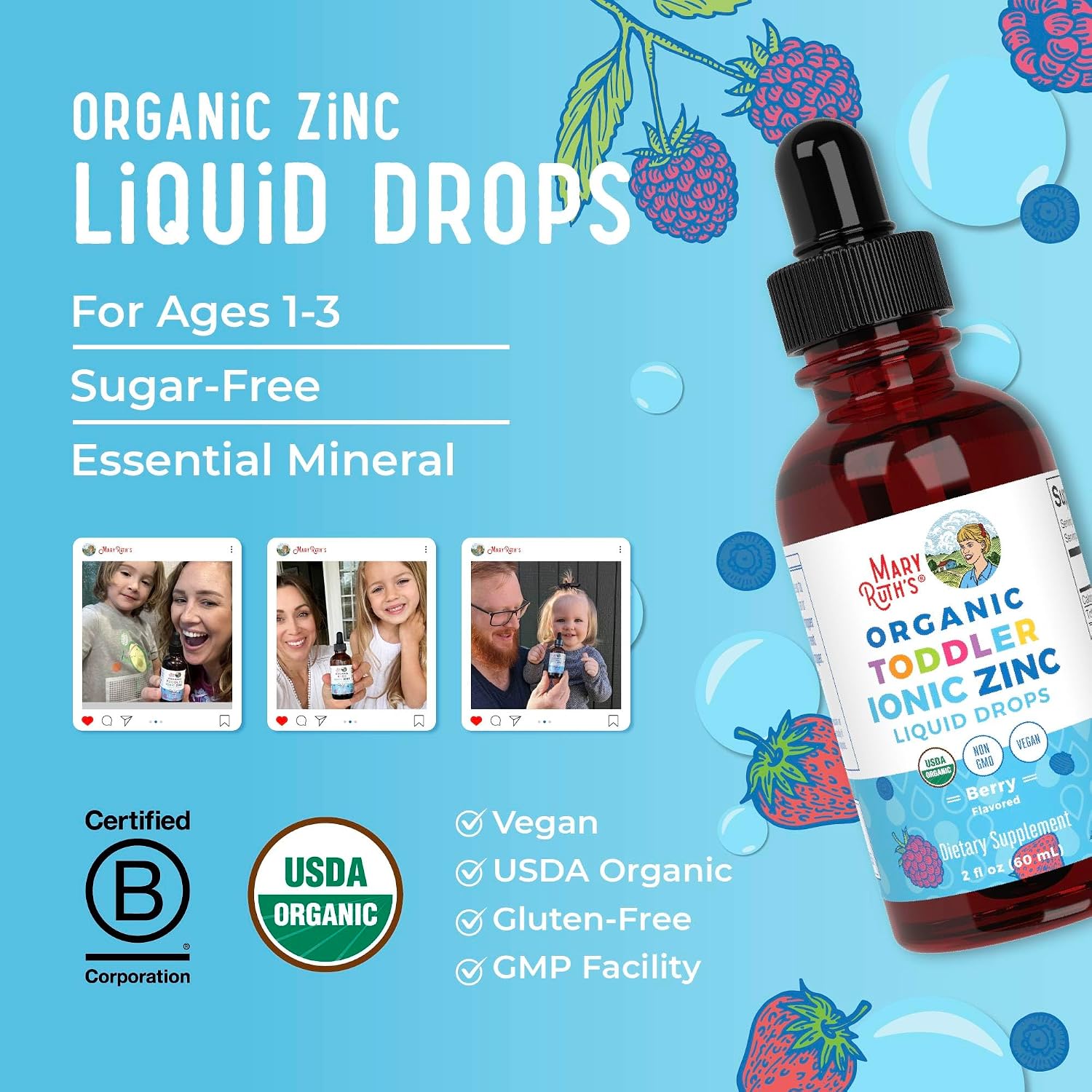 MaryRuth's Organic Toddler Zinc Liquid Drops, Berry Flavor, Vegan, 2 Fl Oz
