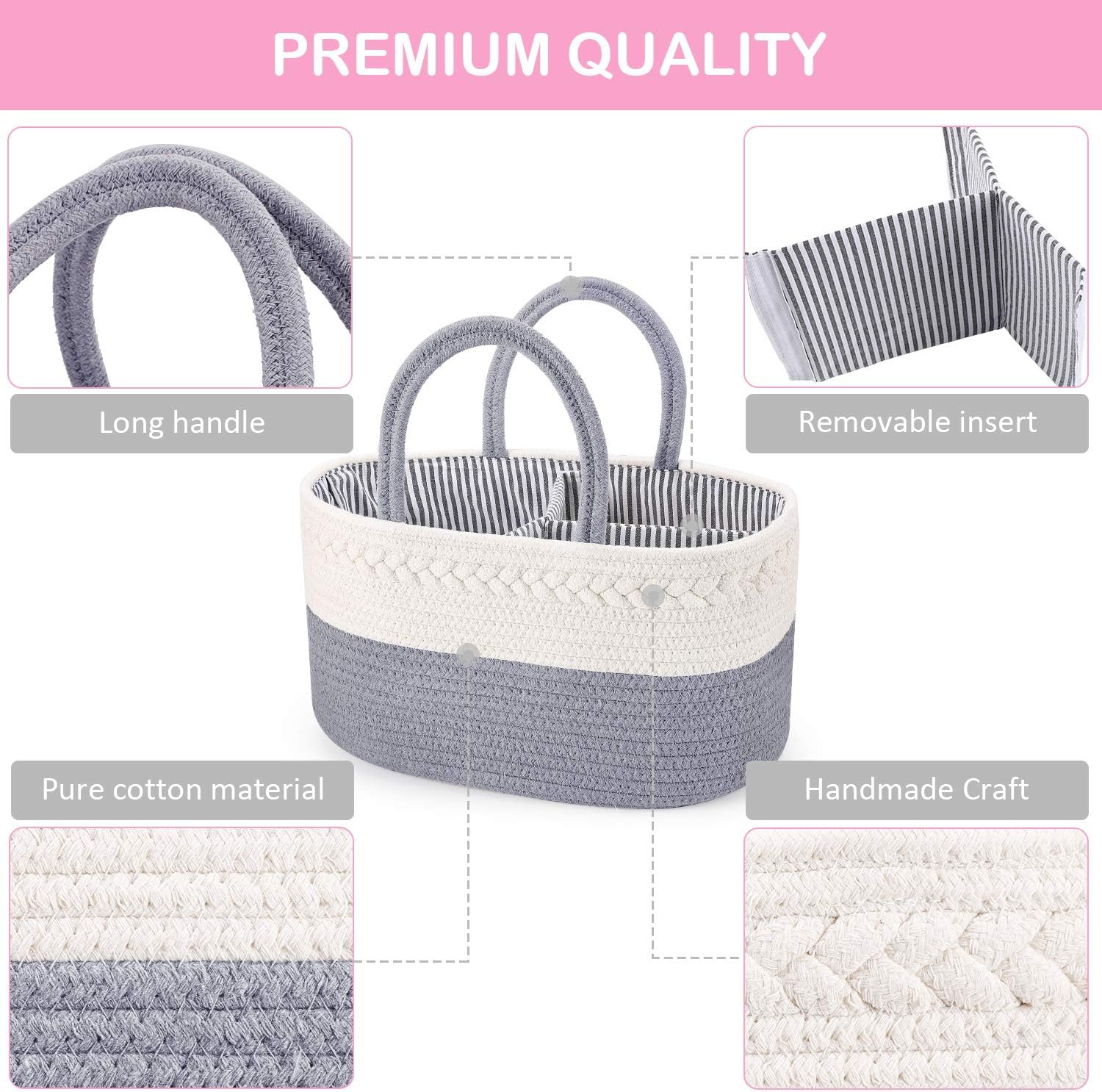 ABenkle Baby Diaper Caddy, Nursery Storage Bin and Car Organizer for Diapers and Baby Wipes, Cotton Rope Diaper Basket Caddy
