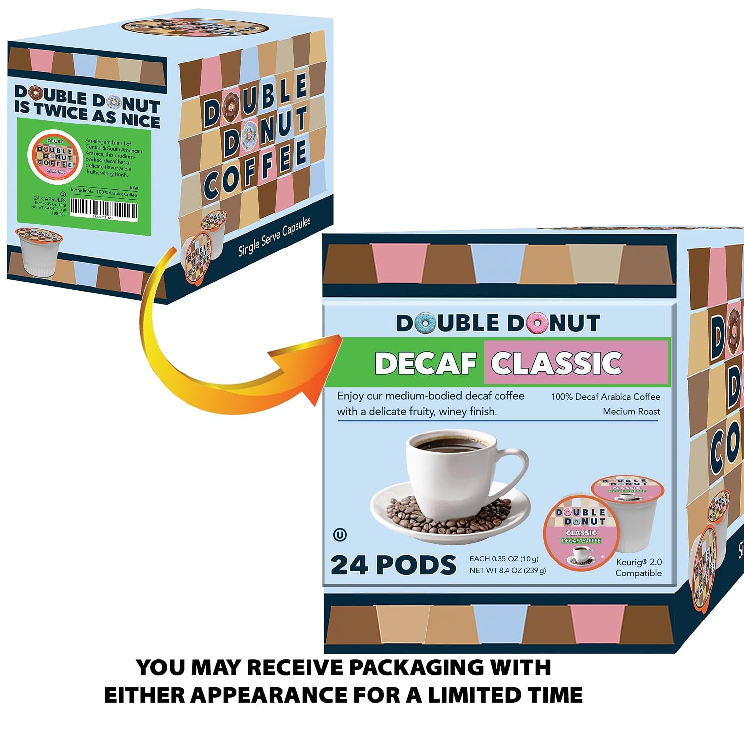 Double Donut Coffee Double Donut Medium Roast Decaf Coffee Pods, Classic, for Keurig K-Cup Machines, 24 Single-Serve Capsules per Box