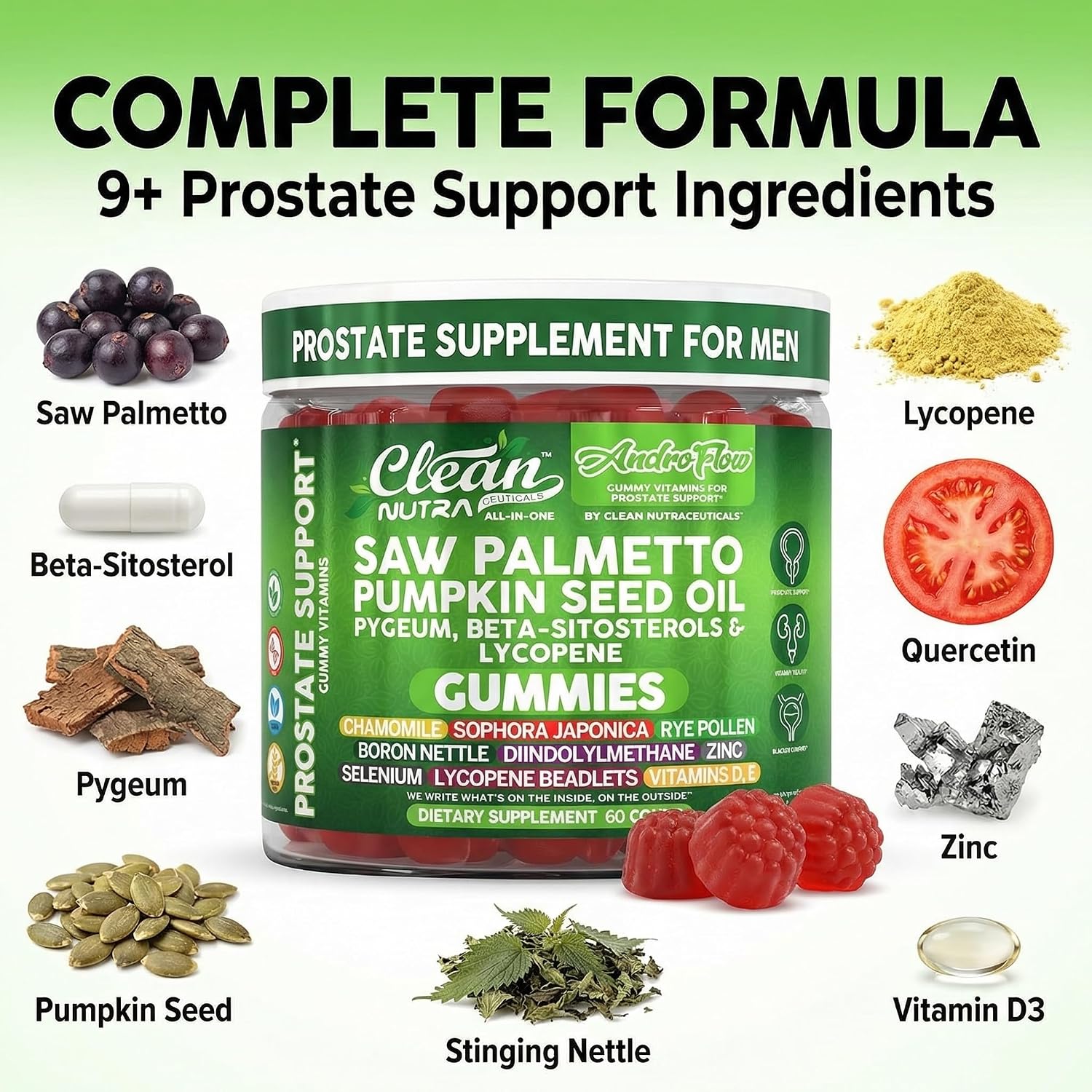 AndroFlow Saw Palmetto and Pumpkin Seed Oil Prostate Health Supplements for Men Pygeum Beta Sitosterol Lycopene Boron Zinc Selenium DIM Stinging