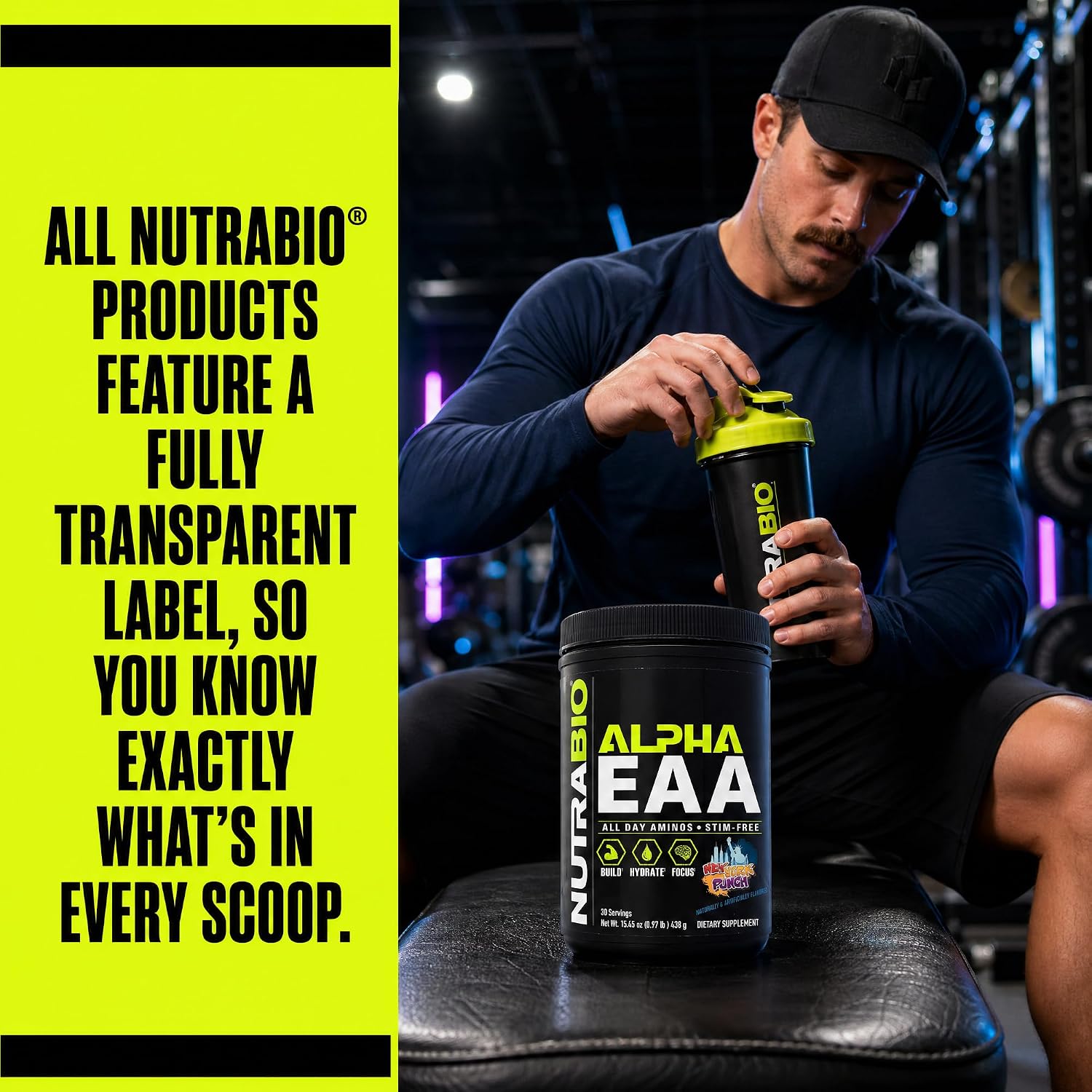 NutraBio Alpha EAA - All-Day Amino Acids for Muscle Growth and Hydration - Essential Amino Acids with Nootropics & Adaptogens- Full Spectrum EAA BCAA Powder - 30 Servings - Strawberry Lemon