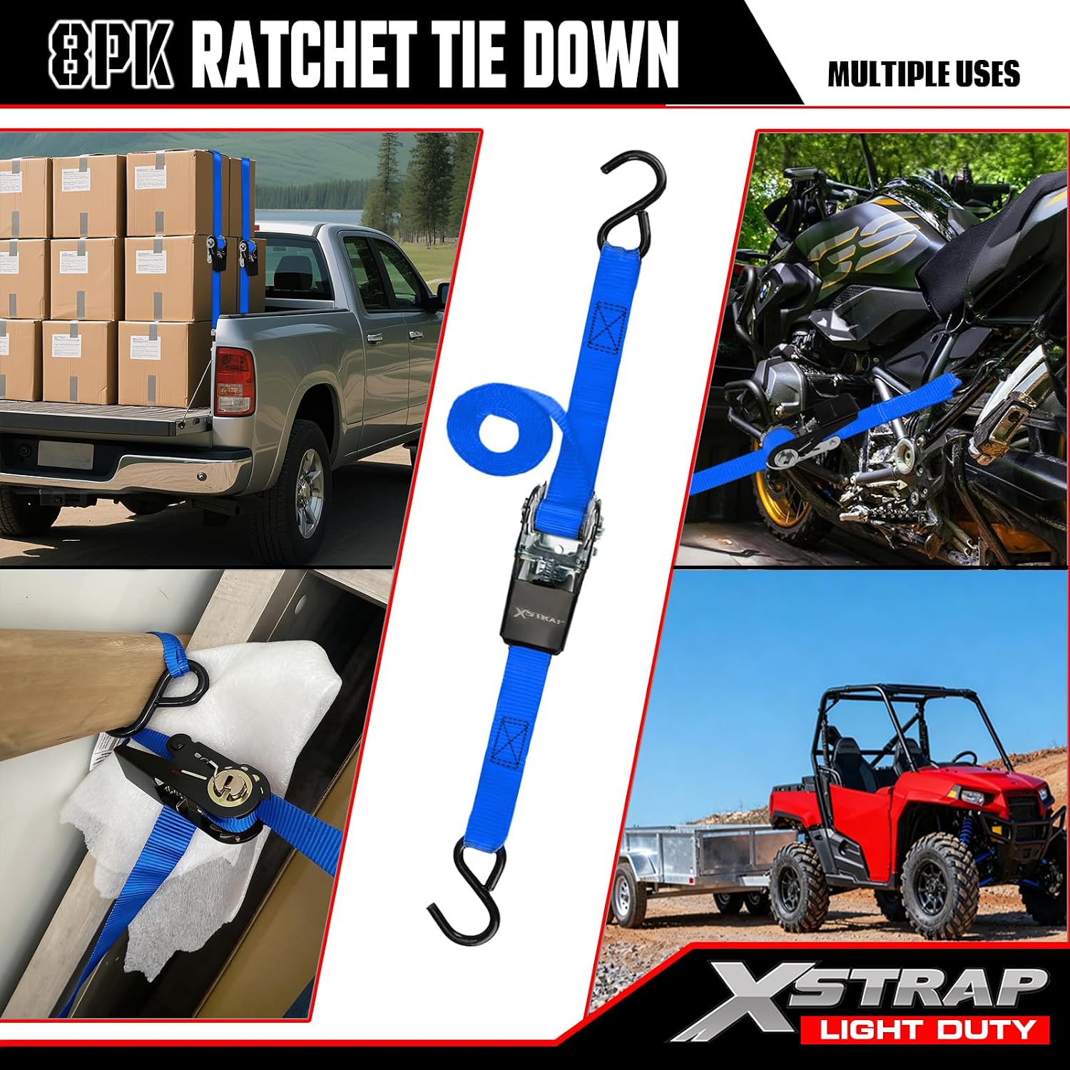 XSTRAP STANDARD 8-PK Ratchet Tie Down Straps, 1" x 10ft Cargo Strap, Yellow