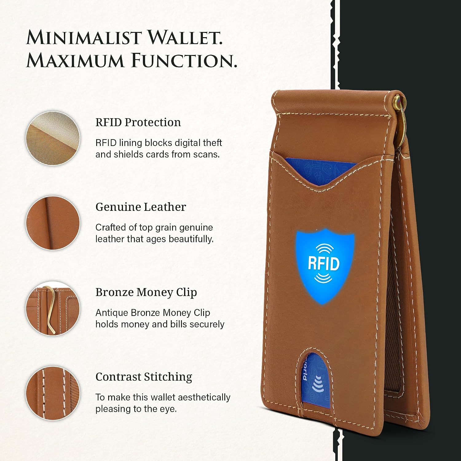 Genuine Bison Leather Wallet for Men, RFID Slim, Brown | Genuine bison leather wallet for men with RFID blocking and curved front pocket fit. Rugged slim everyday carry, brown.