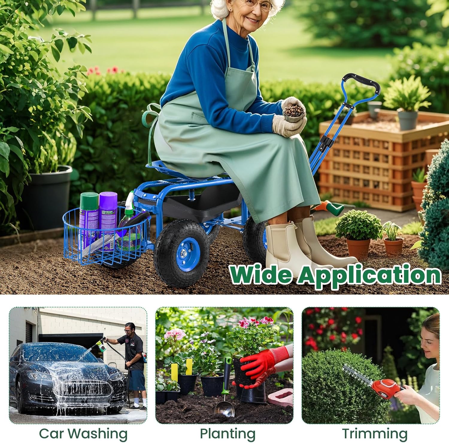 Giantex Rolling Garden Cart with Seat, 4-Wheel Gardening Workseat with Storage Basket, Swivel Stool Adjustable Seat, Steering Handle