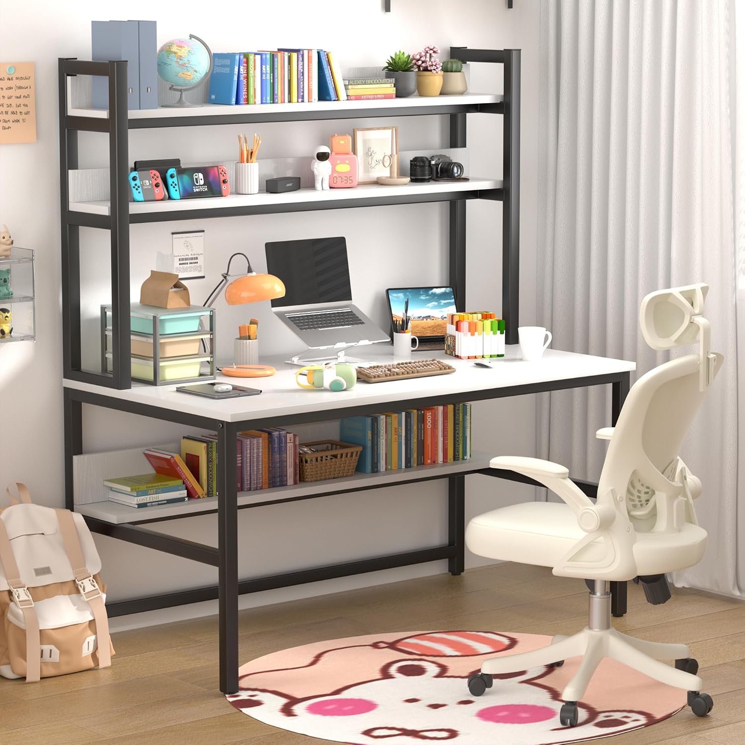 Aquzee Computer Desk with Shelves, 47" W x 23.6" D Gaming Desk with Hutch and Bookshelf