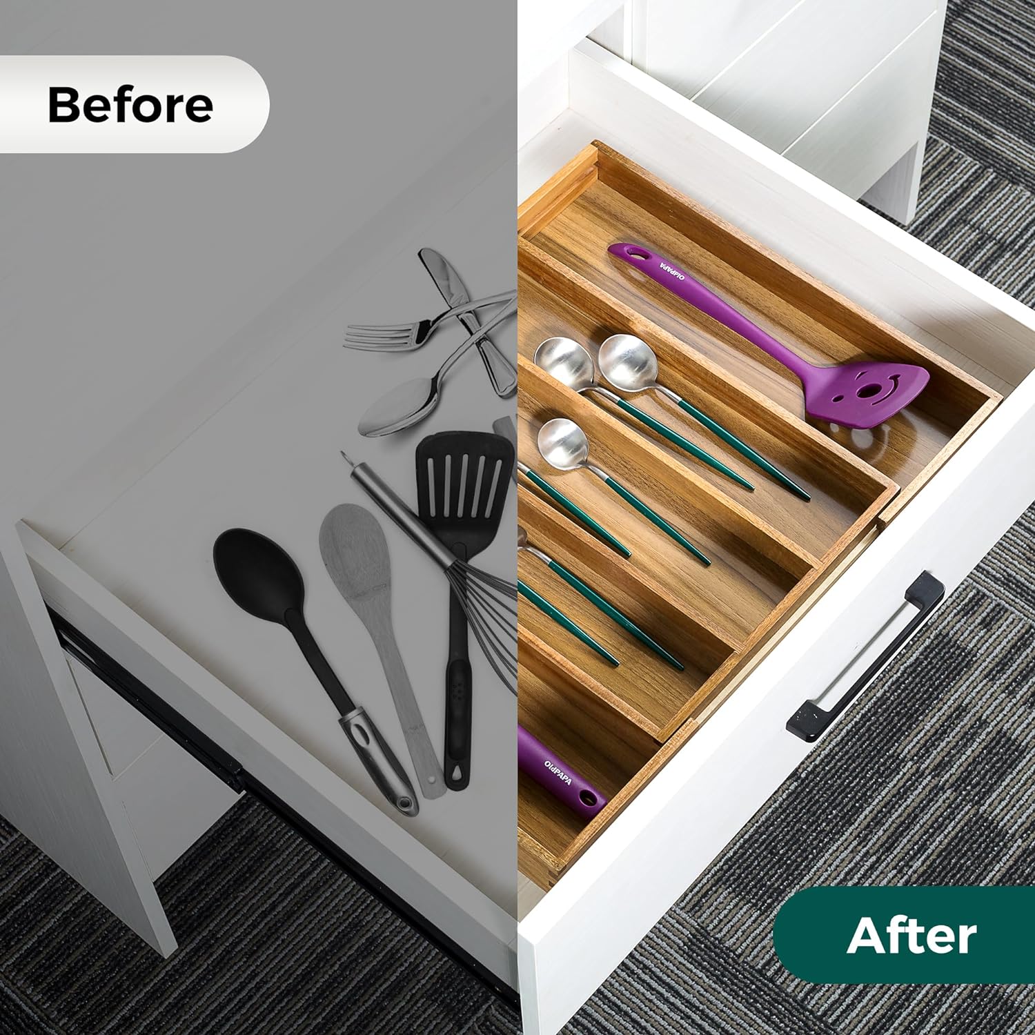 Utoplike Bamboo Expandable Kitchen Drawer Organizer Silverware Utensil Tray