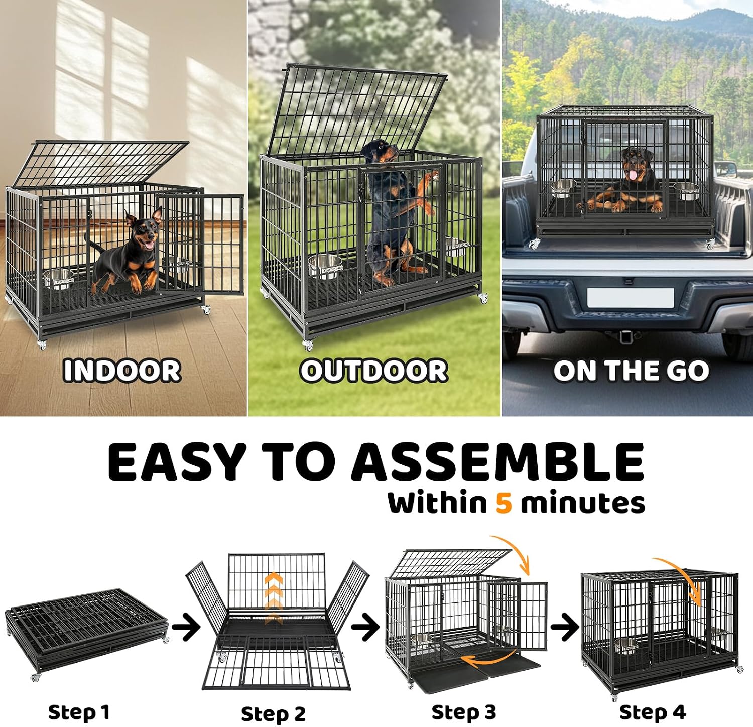 Homey Pet Taller 43" Heavy Duty Double Dog Crates with Divider & Dual Door | Drop Cage for Dogs with Lockable Wheels, Bowls, Removable Tray, Top Access, Ideal for Small to Medium & Large Dogs, Breeders