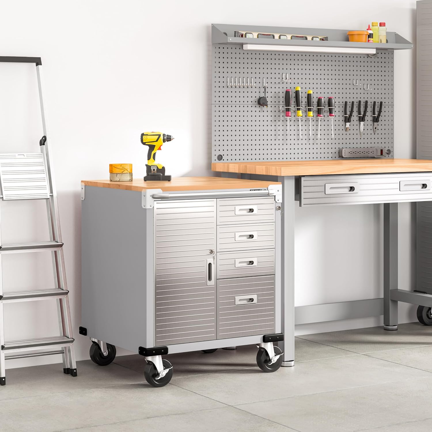 Seville Classics UltraHD Heavy Duty Rolling Cabinet Workbench Table w/Solid Wood Top, Workstation for Garage, Office, Workshop, Granite, 6-Drawer (28" W x 18" D