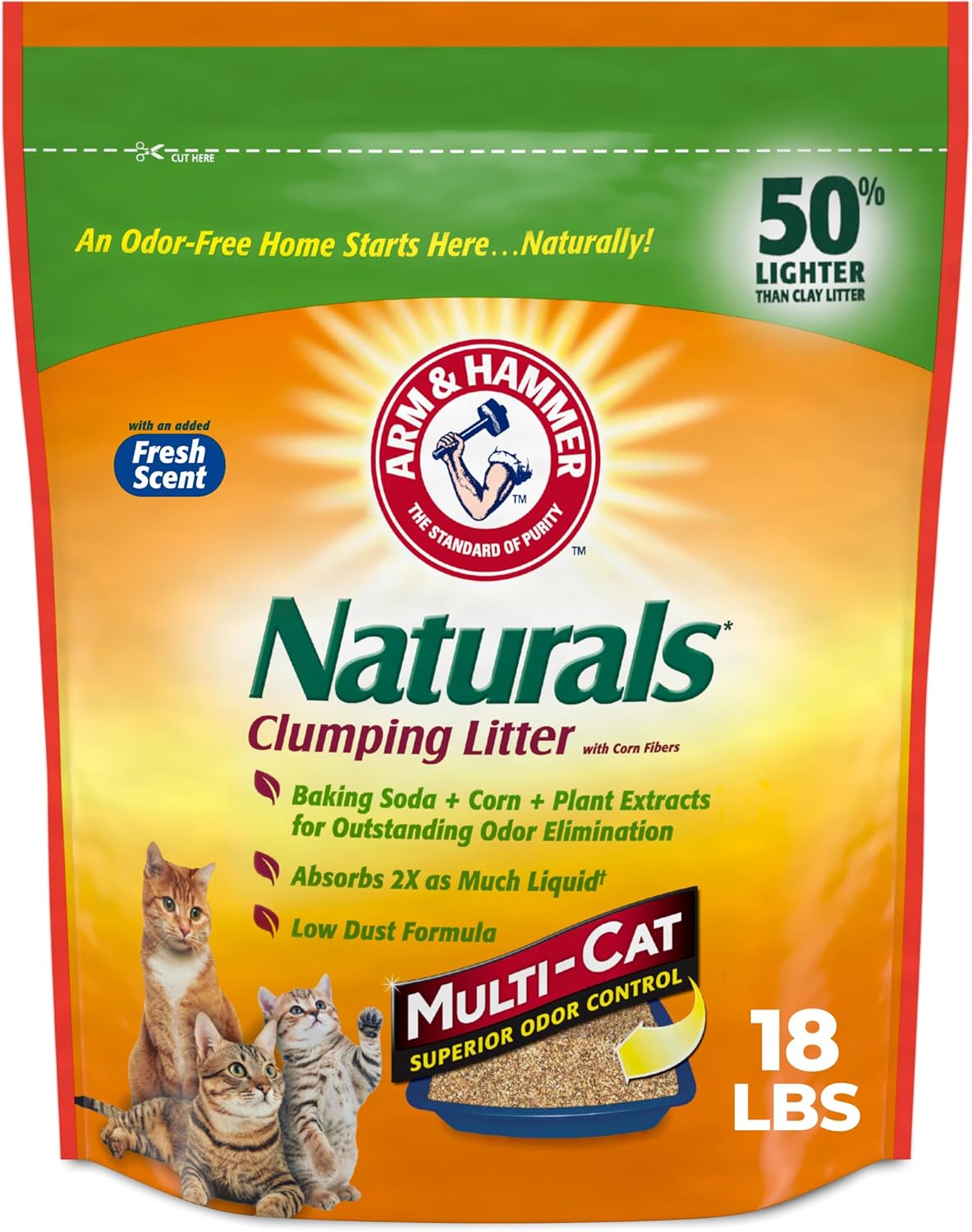 ARM & HAMMER Naturals Clumping Cat Litter, Multi Cat, 18 lbs | Plant-Based, Easy Scoop Clumps, Outstanding Odor Control, 2X Liquid Absorption, Low Dust, Lightweight Formula