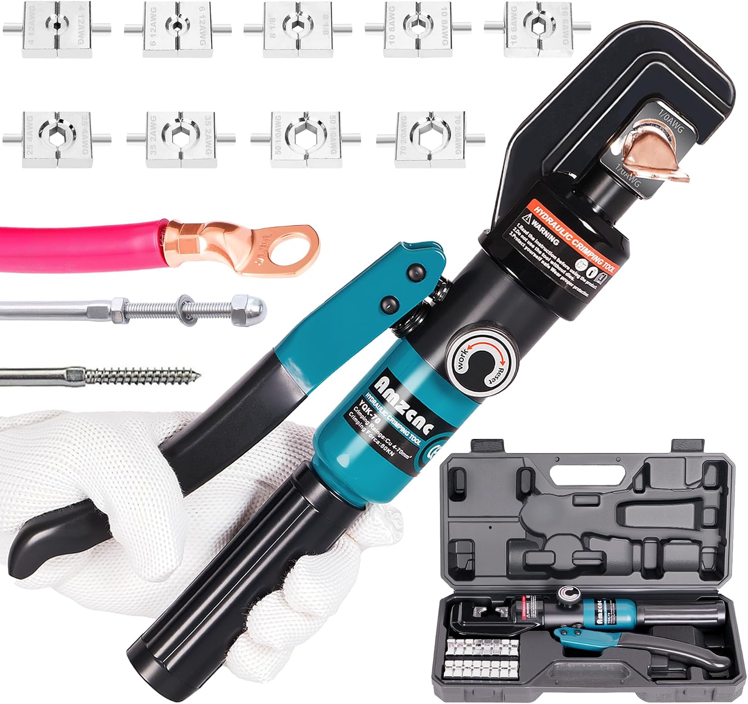 10 Ton Hydraulic Battery Cable Crimper, 180° Rotating Head | Electricians & Contractors, Easy One-Hand Operation