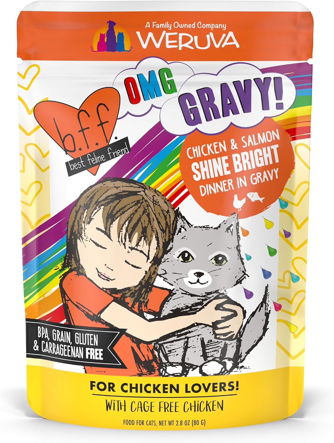 Weruva B.F.F. OMG - Best Feline Friend Oh My Gravy!, Tuna & Salmon Sweet Cheeks with Tuna & Salmon in Gravy Cat Food, 3oz Pouch (Pack of 12)