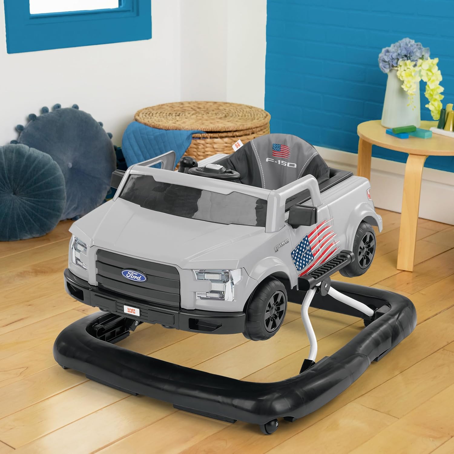 Bright Starts Ford Mustang 4-in-1 Pink Baby Activity Center & Push Walker with Removable Interactive Steering Wheel -Toy, 6 Months and up