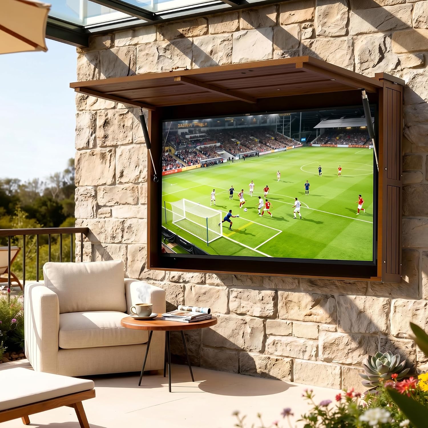 Outdoor TV Enclosure, Fit for 32-55 Inch TV, Solid Wood Wall-Mounted TV Cabinet with Dual-Arm Steel Bracket, Includes 600D TV Cover (Walnut Color)