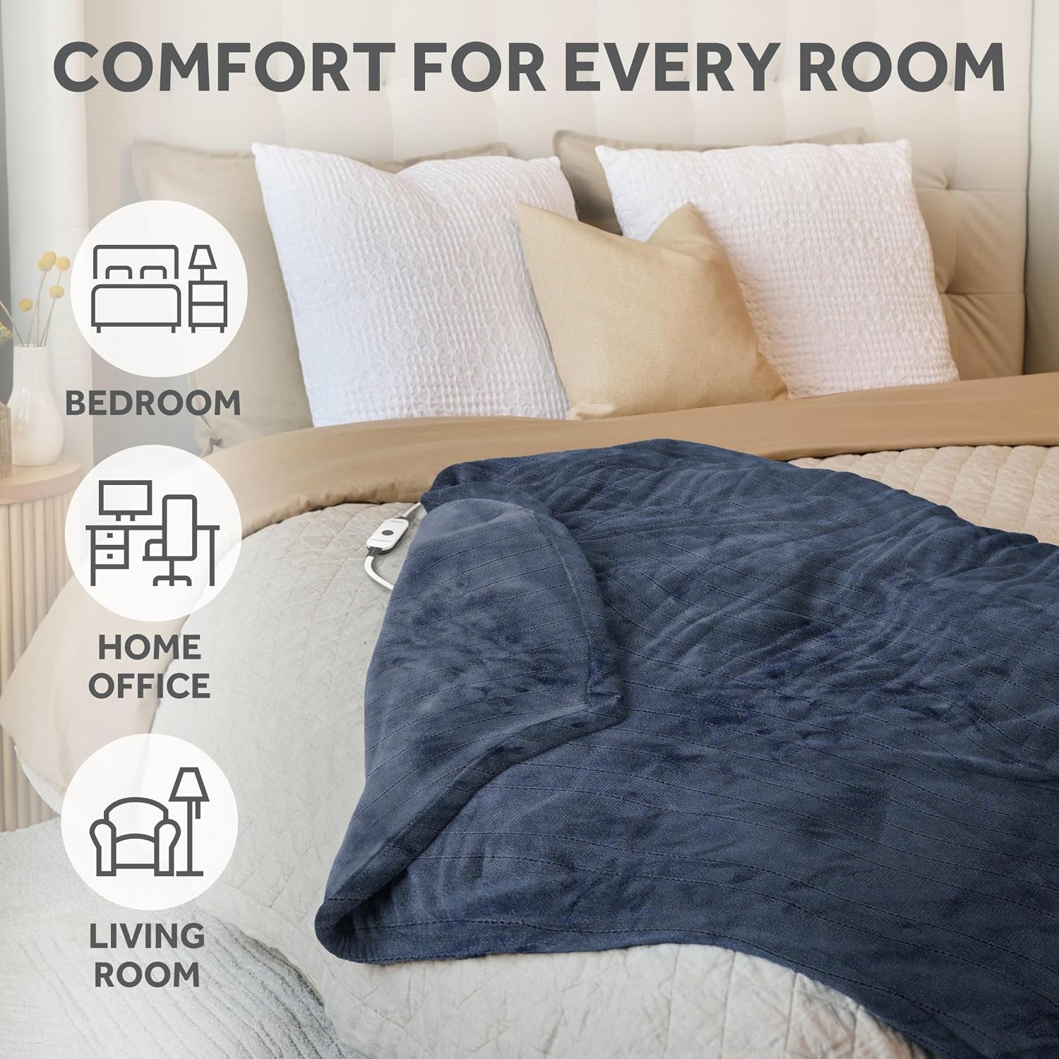 Sunbeam Electric Royal Posh Velvet Heated Blanket, 12 Heat Settings, 12-Hour Selectable Auto Shut-Off, Fast Heating, Warm and Lush, Champagne Color, King, 90" x 100"