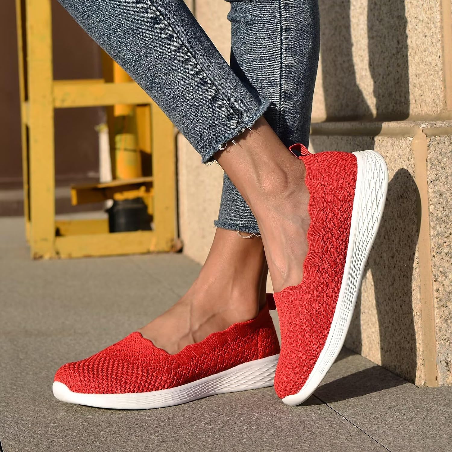 poemlady Women's Walking Shoes Slip On Knit Mesh Loafers Round Toe Flat