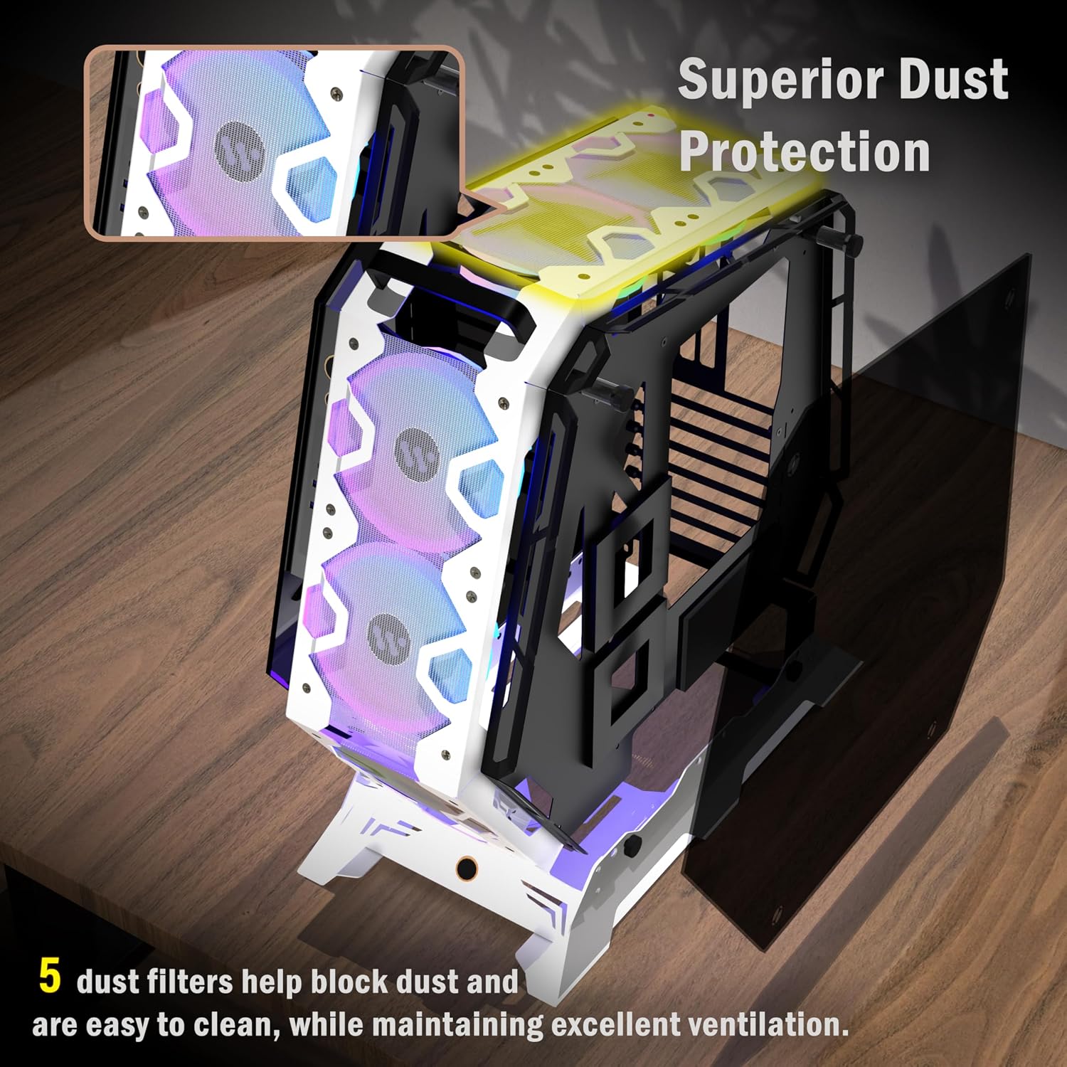 KEDIERS PC Case C570 ATX Mid Tower Tempered Glass Gaming Computer Open Frame Case with 5 PWM ARGB Fans (White C570)