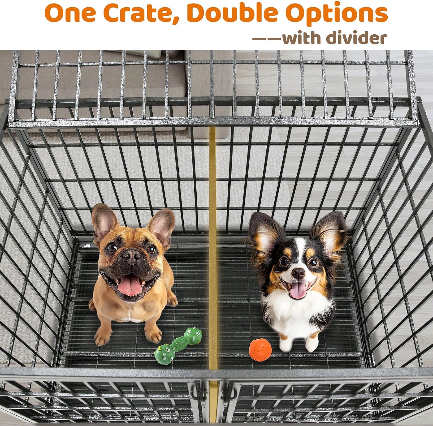Homey Pet Taller 43" Heavy Duty Double Dog Crates with Divider & Dual Door | Drop Cage for Dogs with Lockable Wheels, Bowls, Removable Tray, Top Access, Ideal for Small to Medium & Large Dogs, Breeders