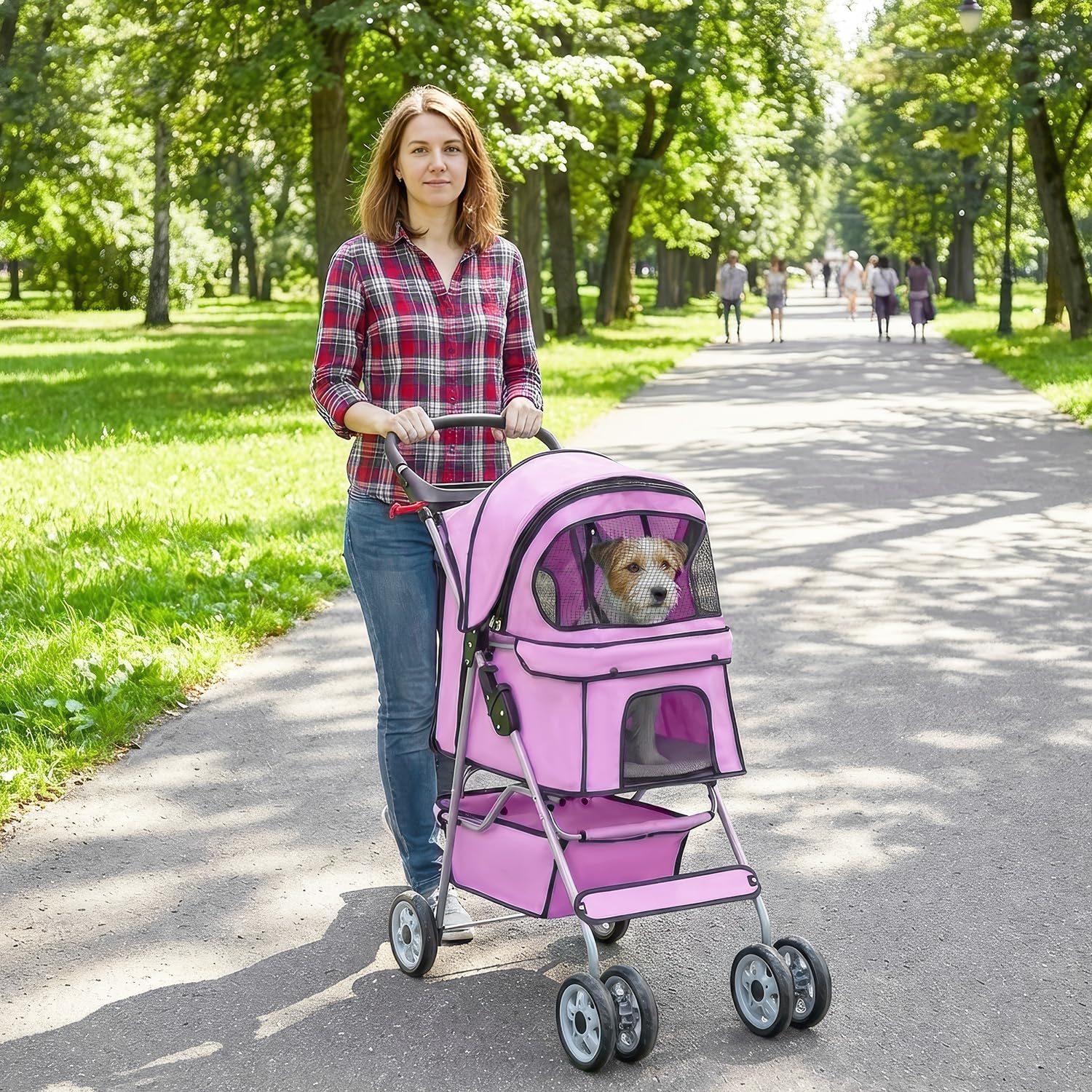BestPet | 4-Wheel Foldable Pet Stroller | Black | Lightweight & Portable | Travel Carrier with Mesh Windows, Storage Basket, Cup Holder, Safety Brakes, and Waterproof Fabric | For Small Dogs and Cats