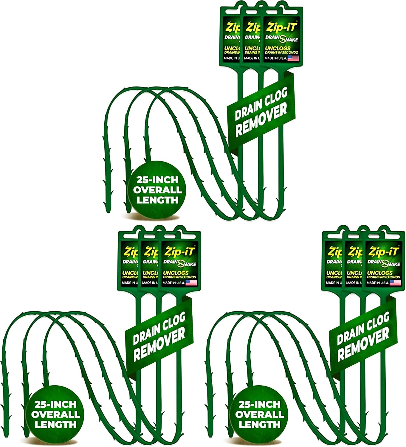 The original Zip-It Hair Clog Remover 25-inch Overall Length Drain Snake Cleaner (3-Pack), Unclog Your Sink, Shower