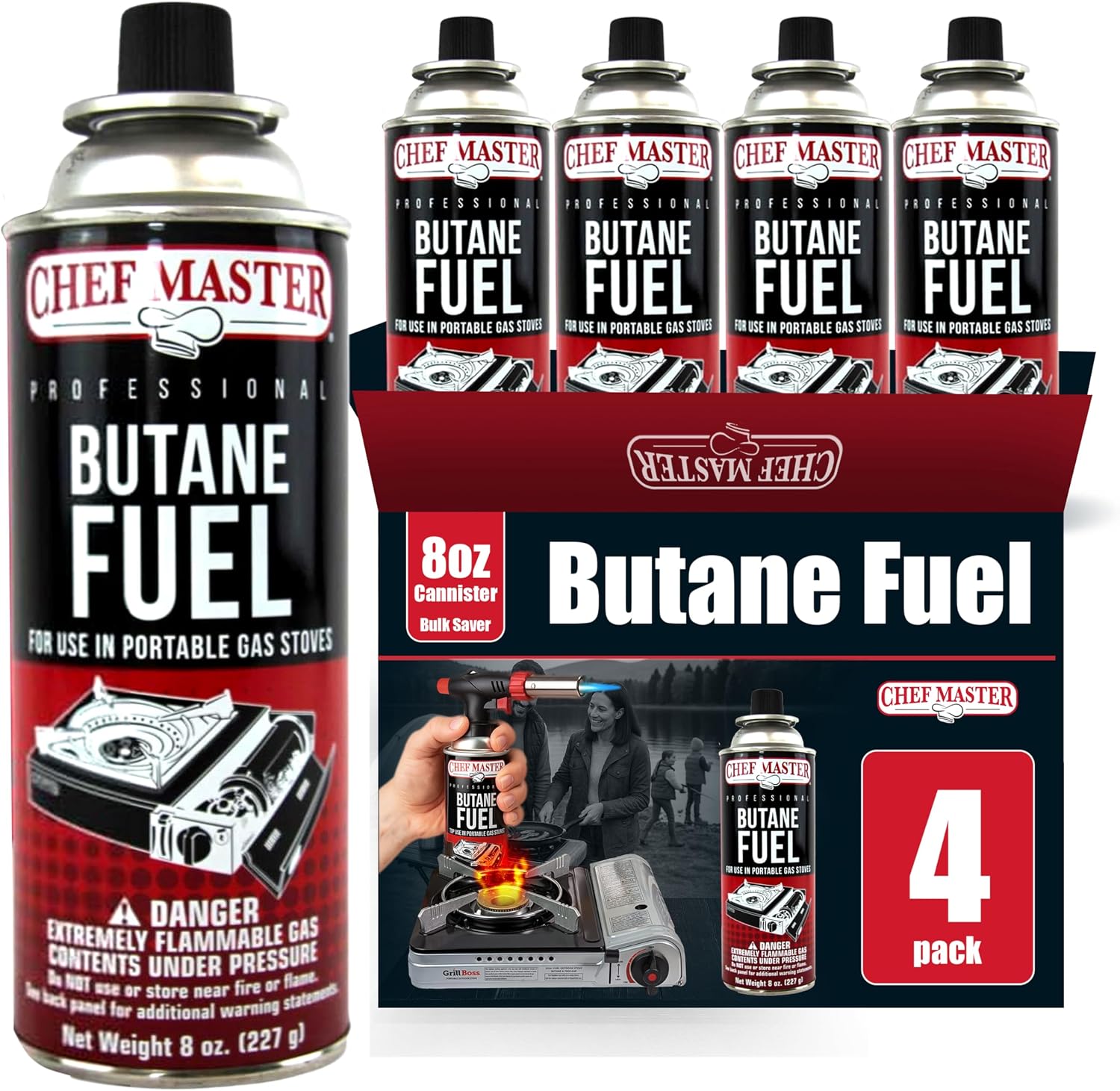 Chef Master Butane Fuel Canister, Camp Stove & Torch Refill, 8 oz, 12-Pack
