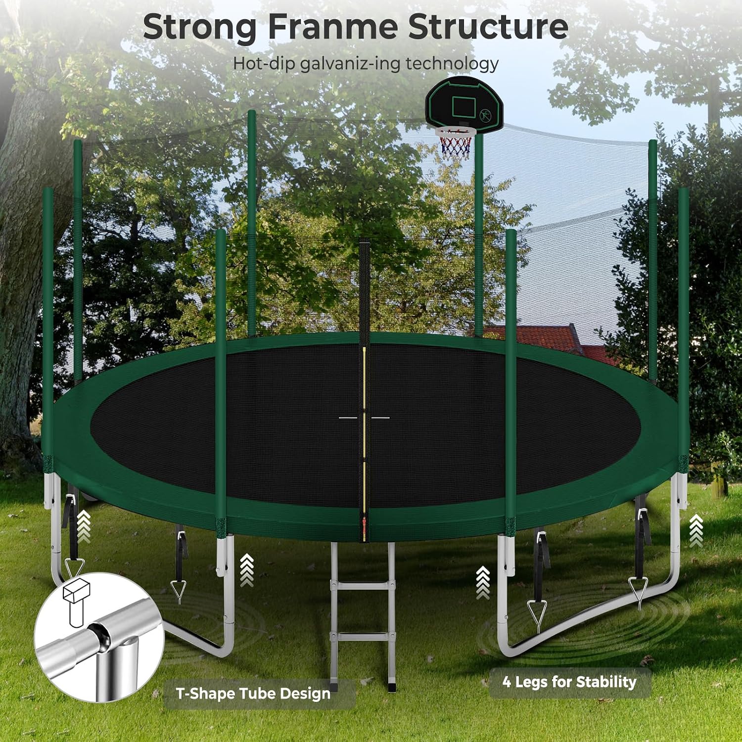 10 12 14 16FT Trampoline Outdoor, Light/Sprinkler/Basketball Hoop | Large Recreational Trampoline for Kids and Adults, Heavy Duty Yard Trampolines with Enclosure Net, ASTM Approval