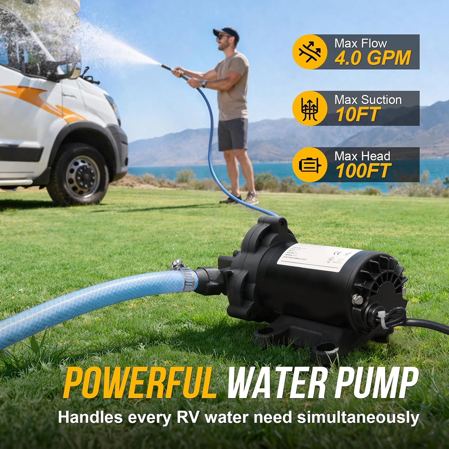 12V RV Water Pump, 5.0 GPM 55 PSI Diaphragm Pump, 20Volt Quiet Fresh Water Pump with Pressure Switch, Self Priming Pressure Pumps for RV Camper Boat Marine Food Truck, Dark Grey
